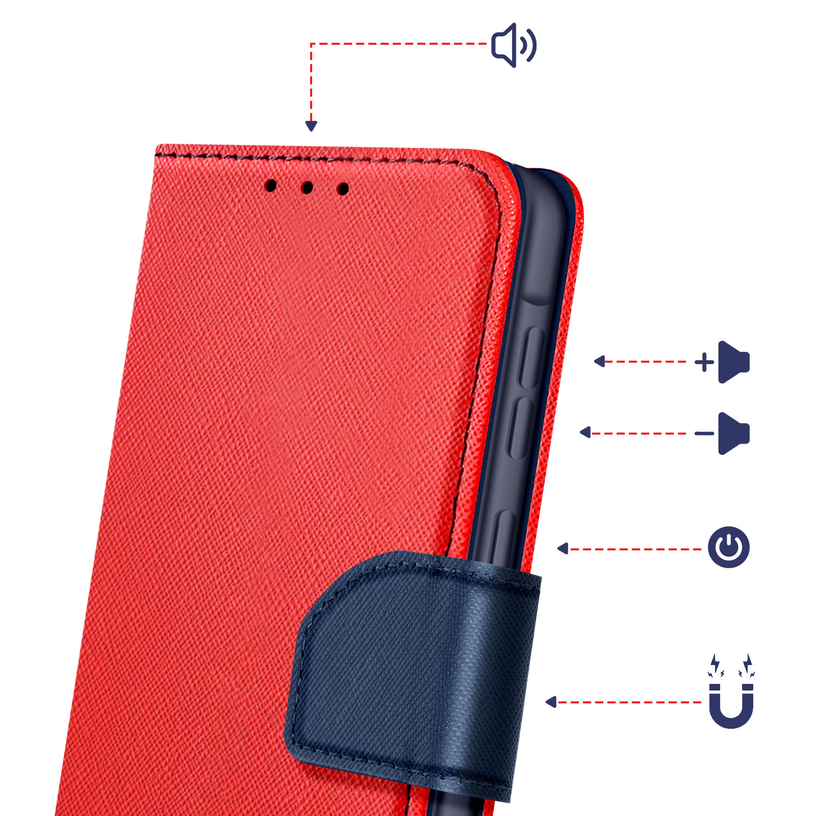 Custodia rossa per telefono con accenti blu. Icone volume, accensione e magnete.