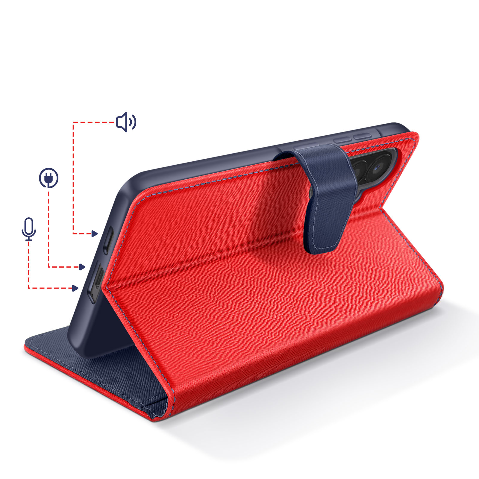 Custodia per telefono rossa e blu navy con icone altoparlante, ricarica e microfono.
