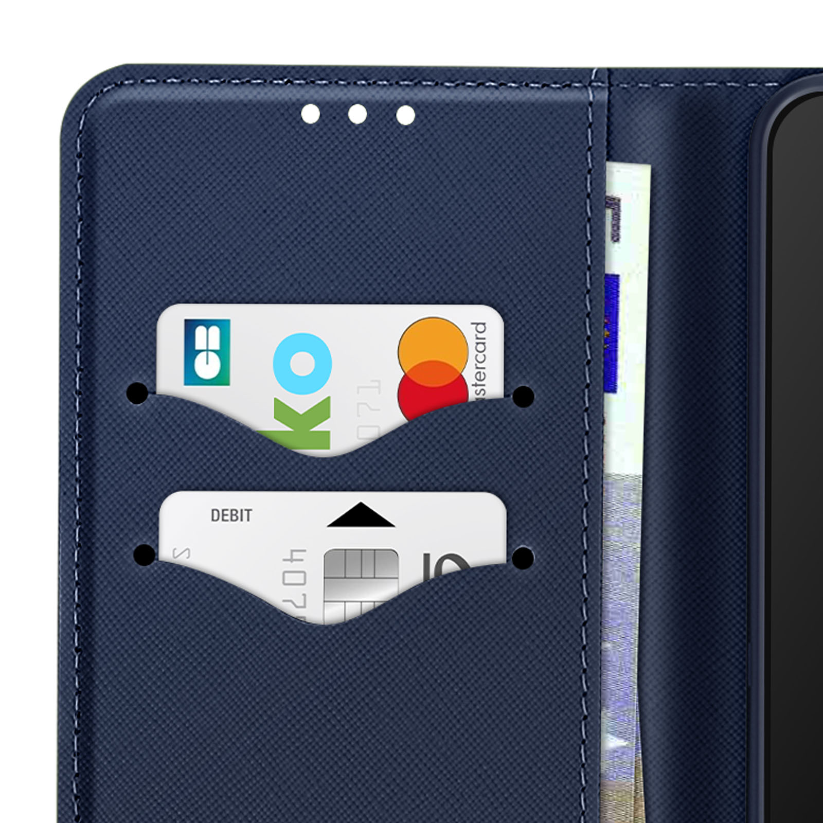 Custodia blu scuro per telefono con slot per carte, che mostra carte di credito e banconote.