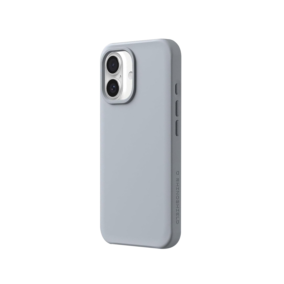 Coque de téléphone grise avec deux objectifs et logo.