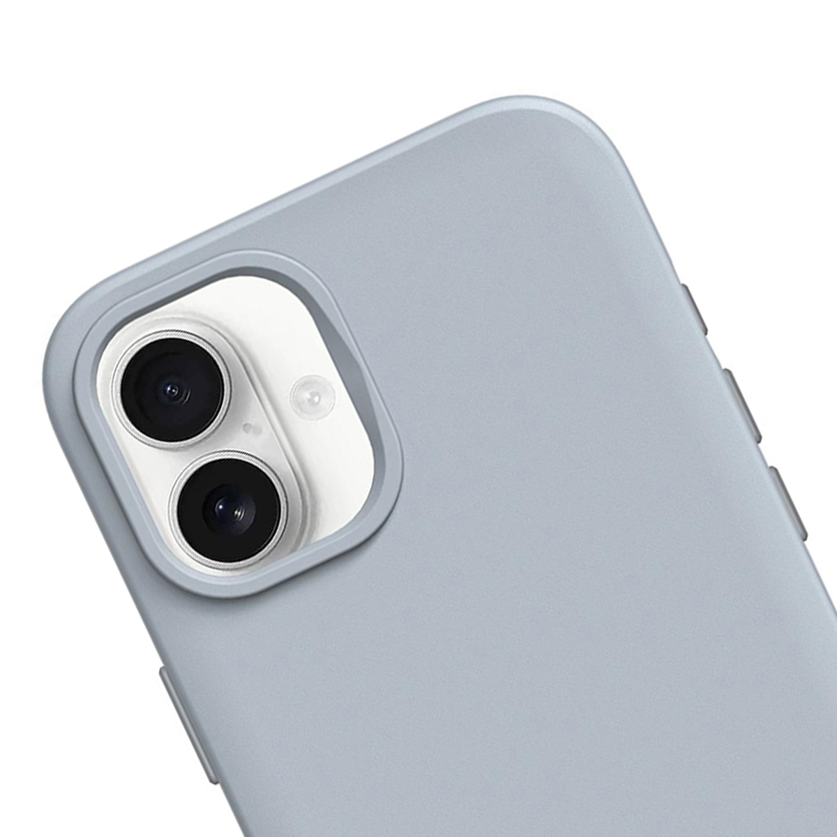 Gros plan d'une coque de téléphone gris clair montrant un double appareil photo.