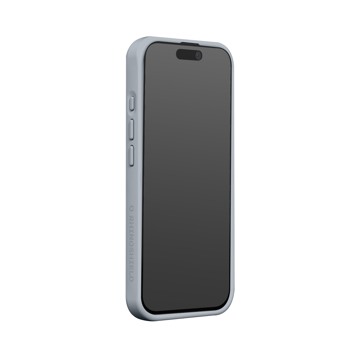 Une coque de téléphone bleu clair avec écran sombre est montrée de profil sur fond blanc.