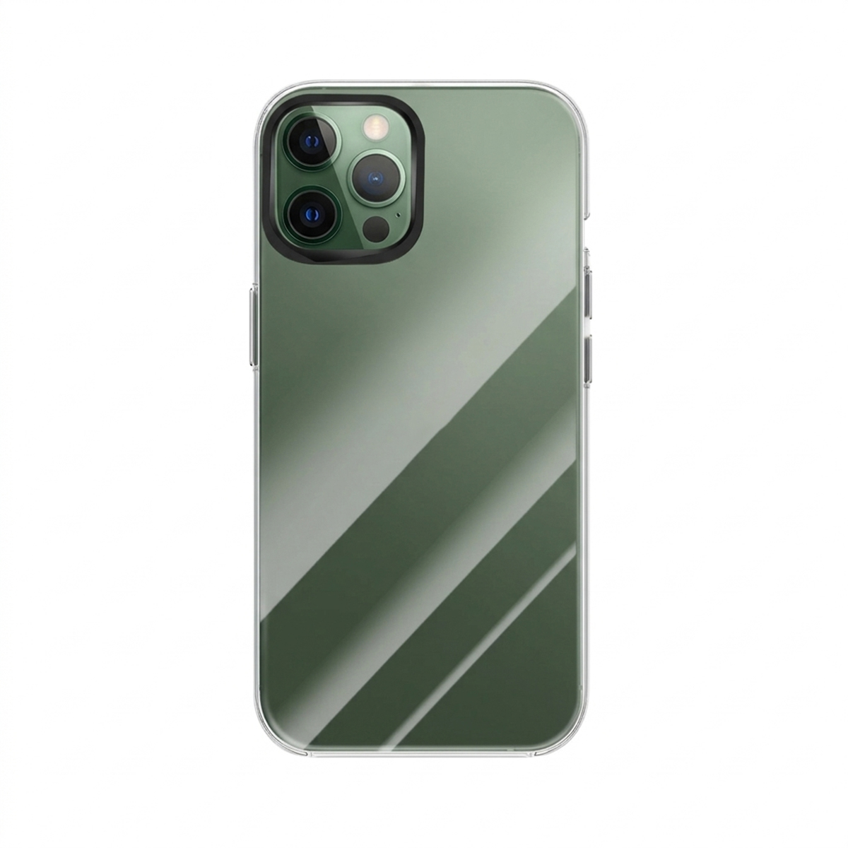 Custodia verde per telefono con tre fotocamere e strisce diagonali.