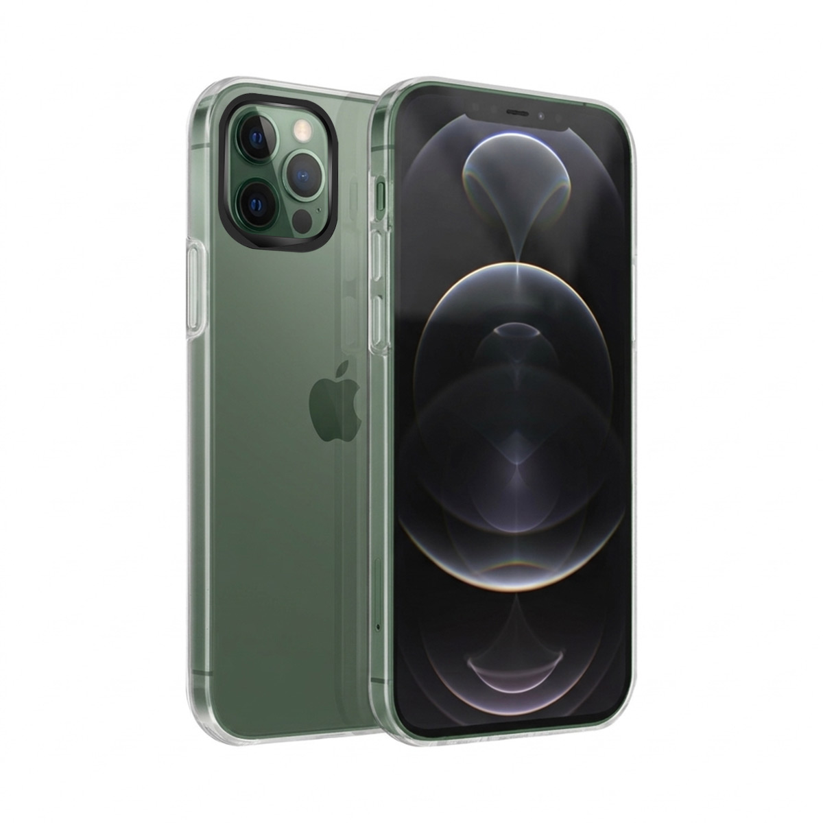 iPhone verde in custodia trasparente con tre fotocamere.