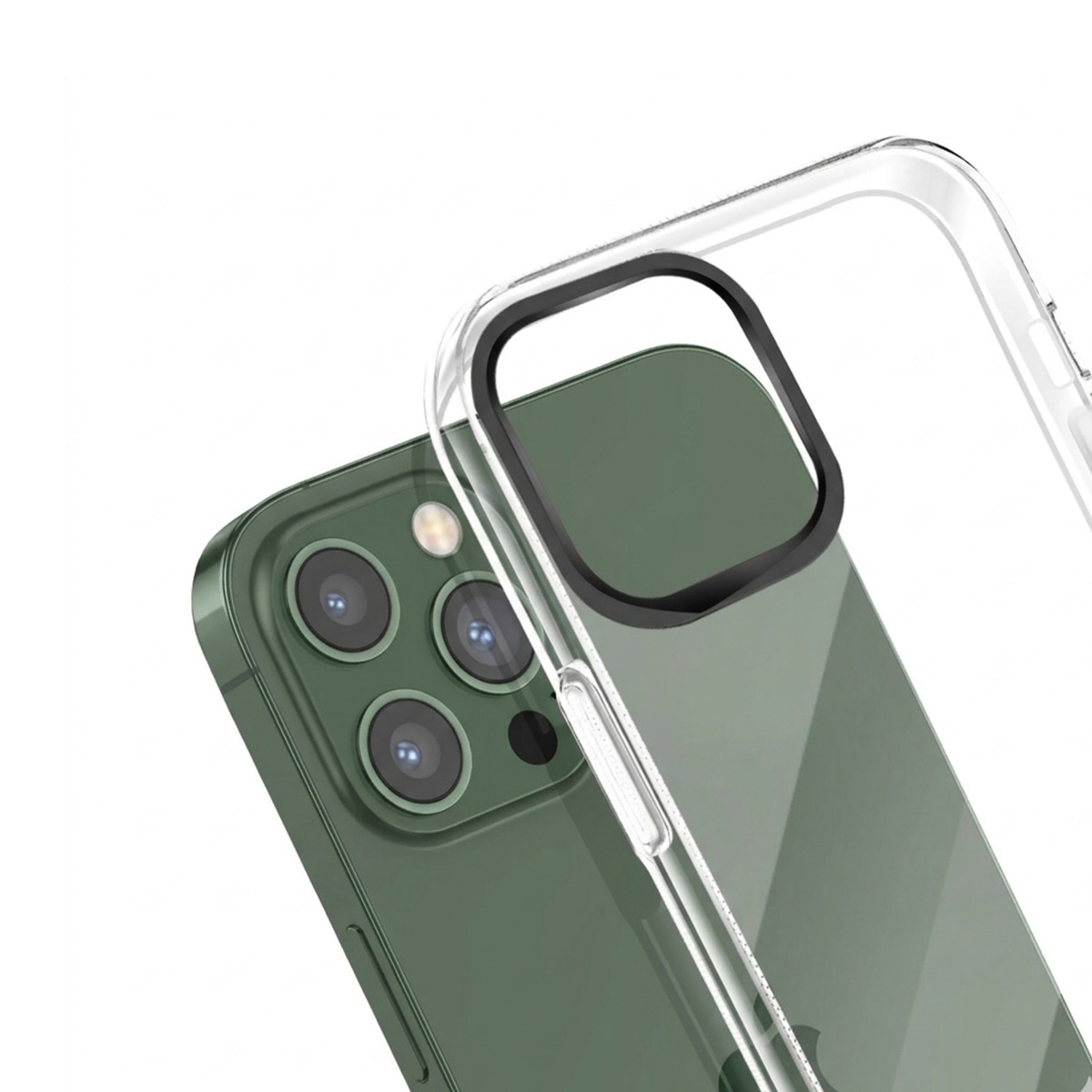 Custodia trasparente su fotocamera iPhone verde a tre lenti.