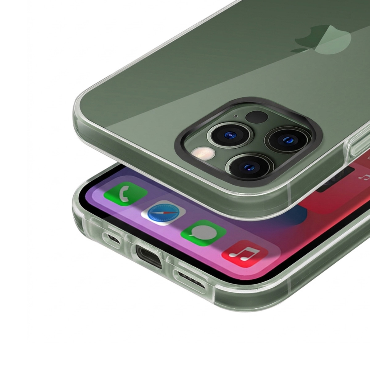 Una custodia trasparente verde su un iPhone che mostra icone di app sullo schermo.