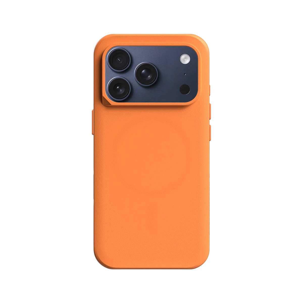 Orange Hülle mit drei Kameralinsen und Blitz auf dunklem Hintergrund.