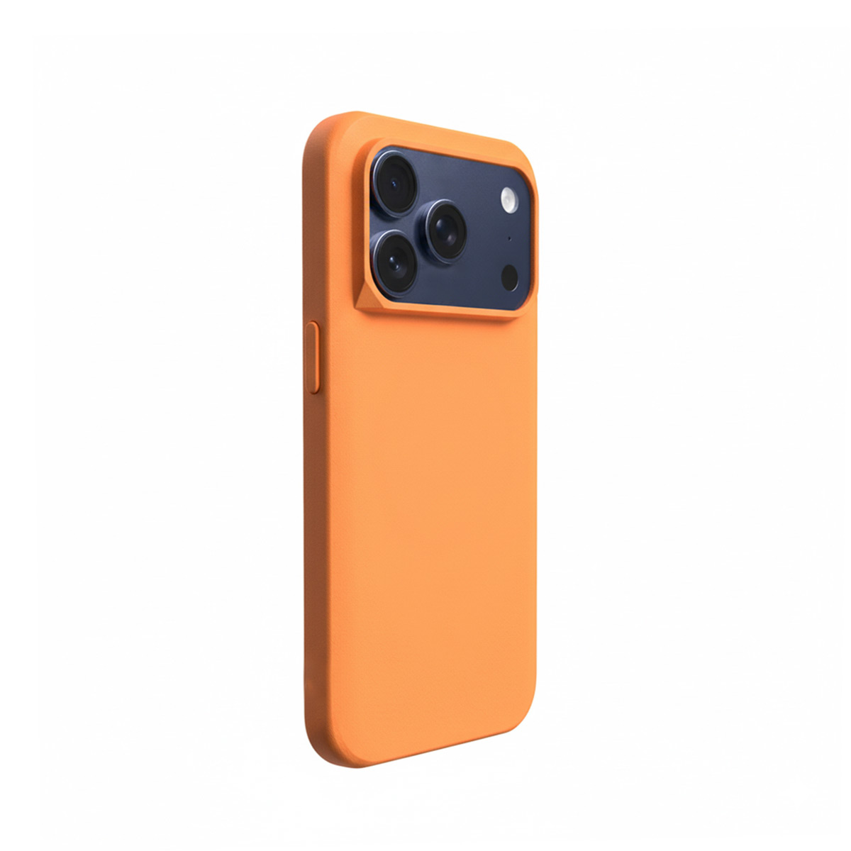 Ein orangefarbenes Handycover mit drei Kameras auf dunkelblauem Hintergrund.
