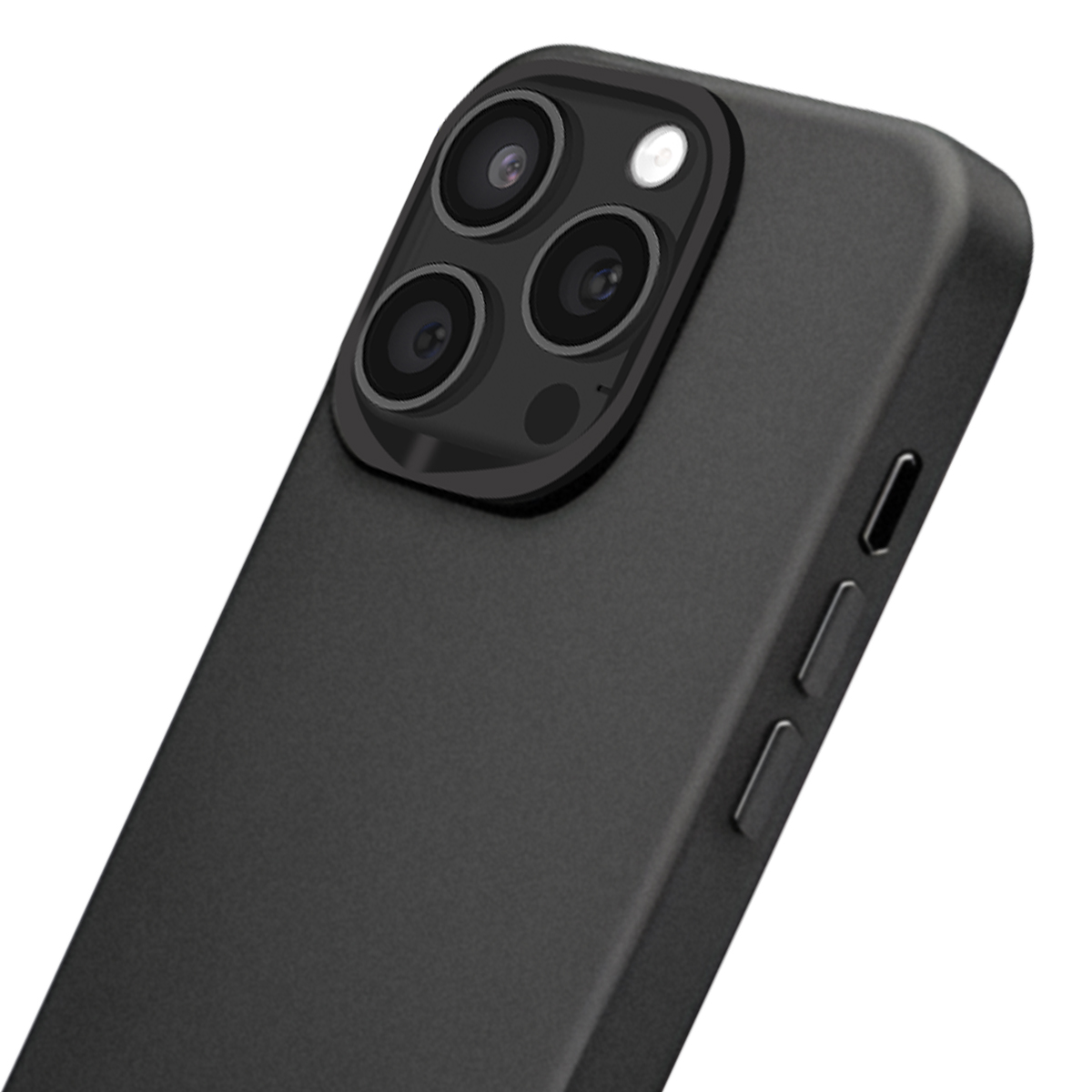 Coque de téléphone noire avec triple appareil photo et flash sur fond blanc.