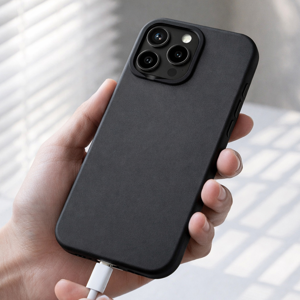 Une main tient un smartphone noir à trois caméras, en cours de chargement.
