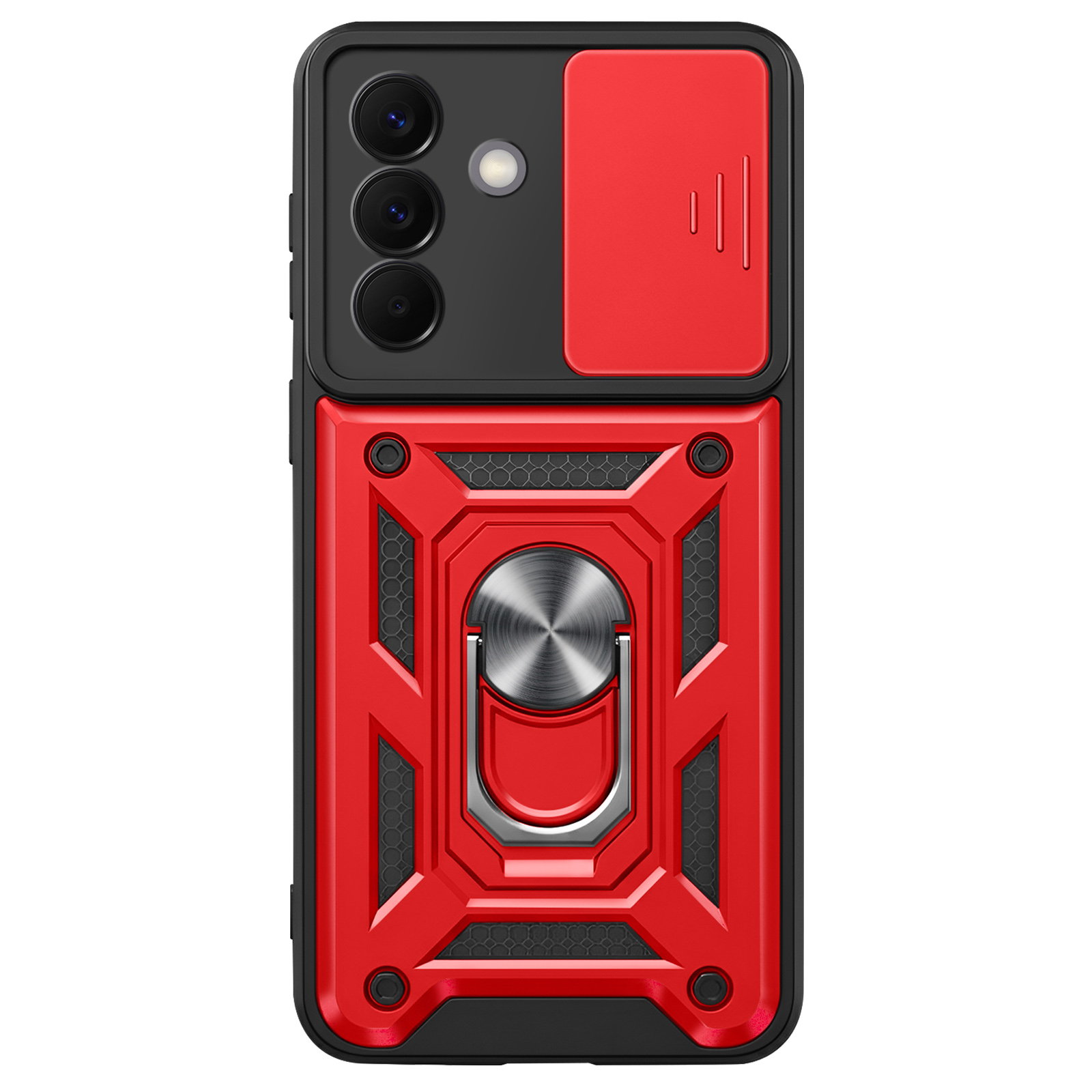 Rood en zwart telefoonhoesje met cameralensdeksel en ringhouder.