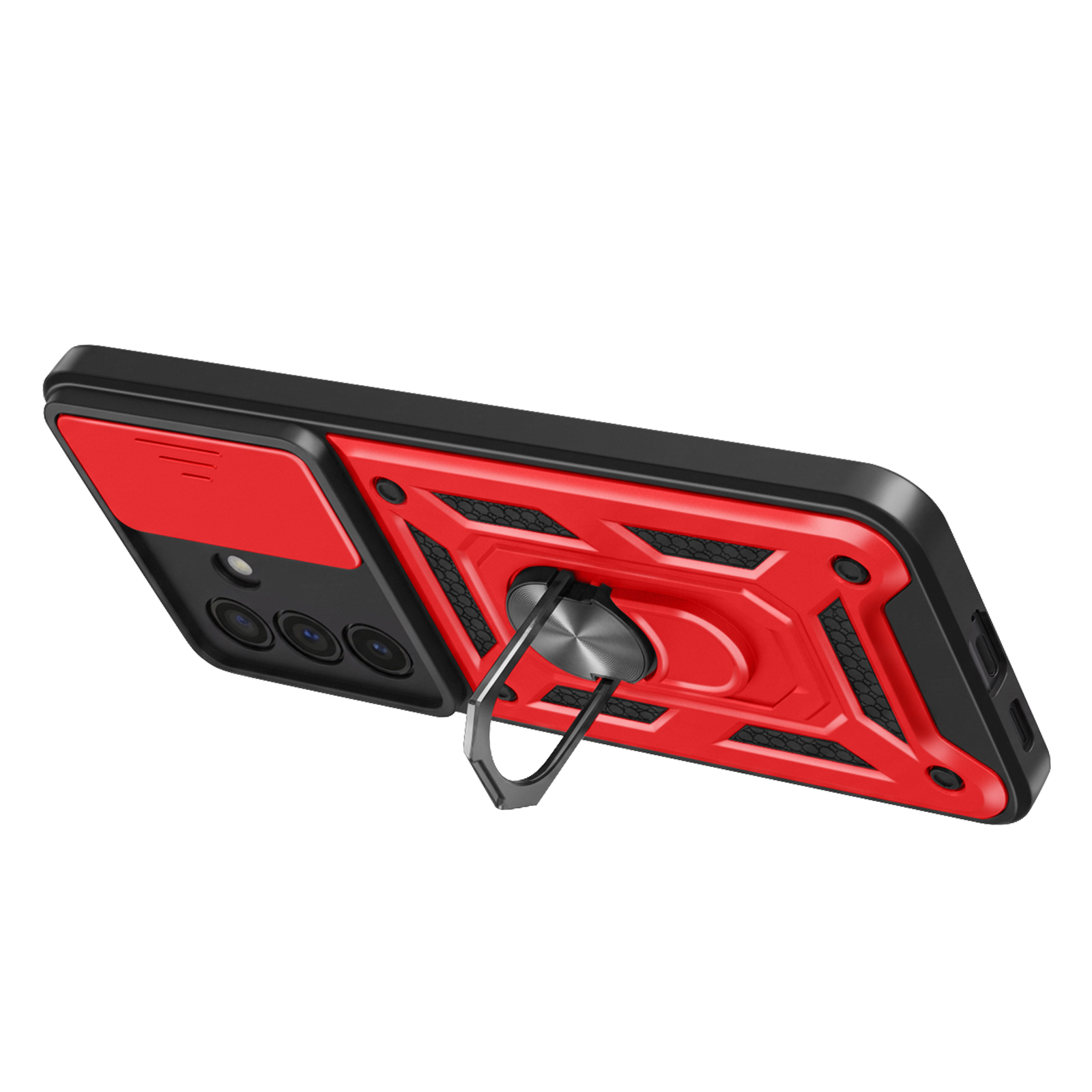 Een rood en zwart telefoonhoesje met ringhouder en camera-uitsparing.