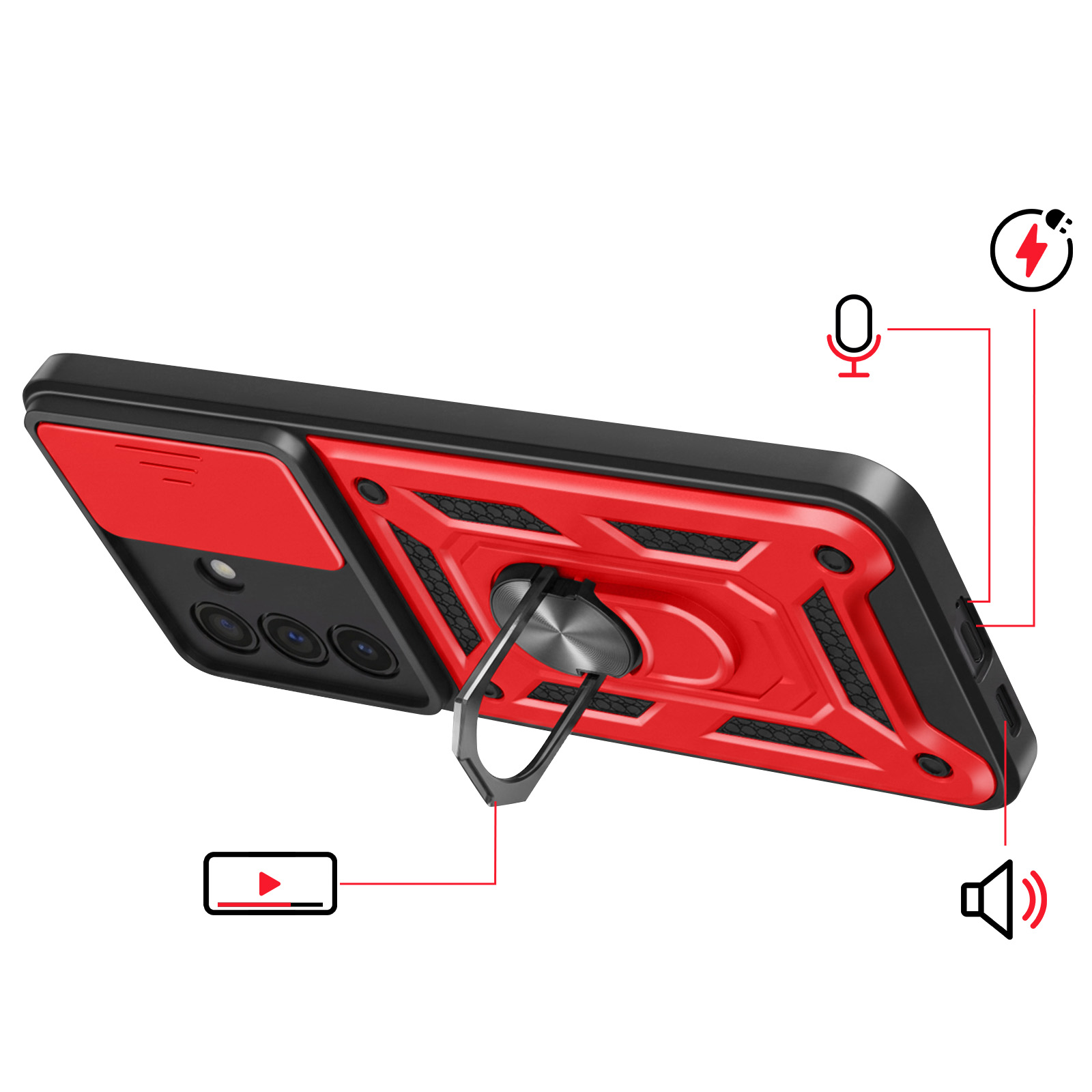 Rode telefoonhoes met ringhouder en iconen voor geluid, microfoon en stroom.