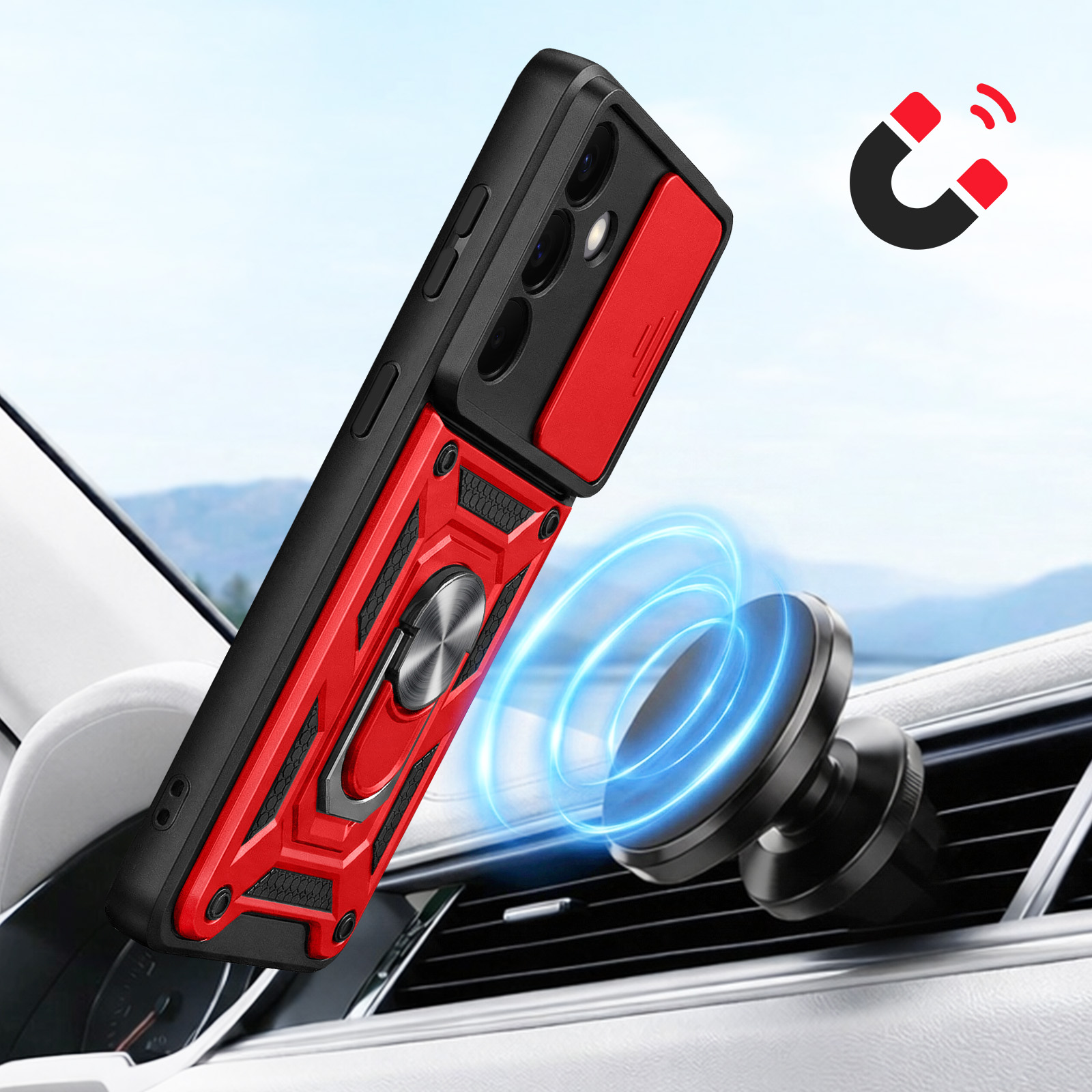 Rode telefoonhoes met ringhouder op auto-ventilatie, magnetische houder.