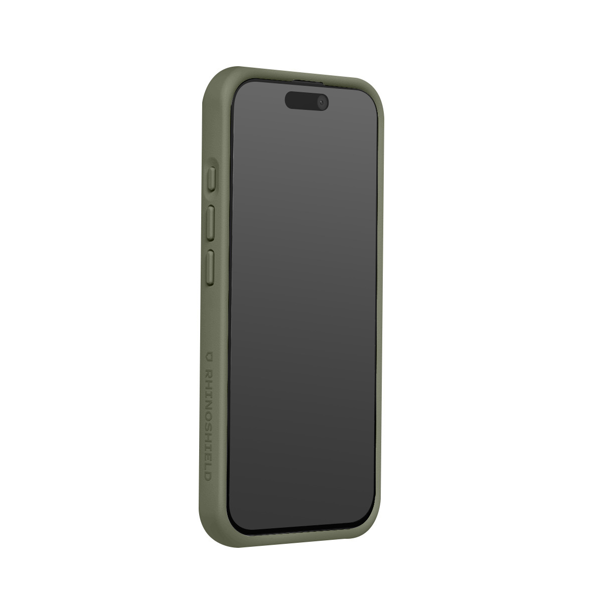 Un smartphone vert olive dans un étui de protection, sur fond blanc.