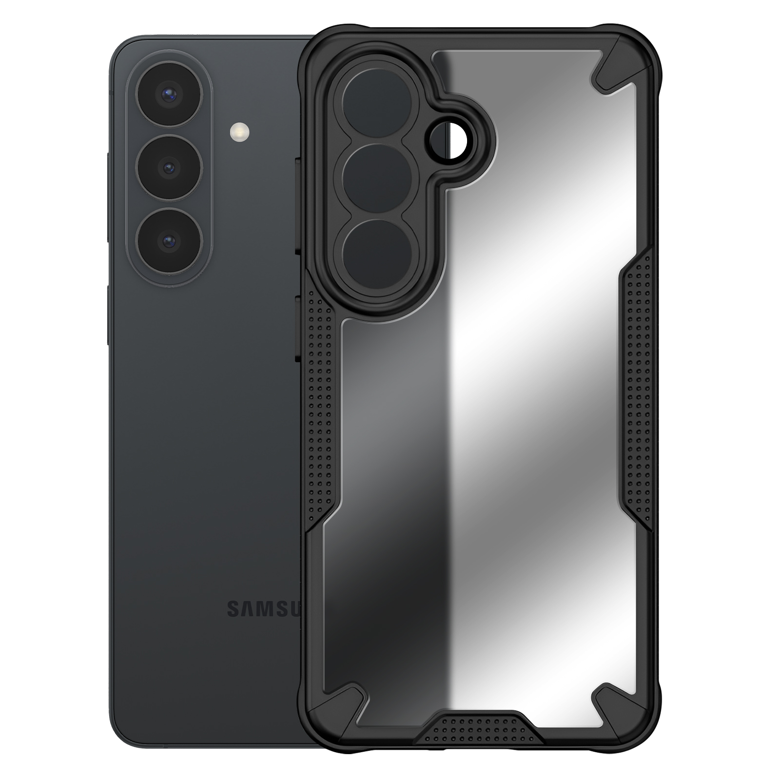 Un smartphone noir avec trois appareils photo à côté d'une coque de protection transparente.