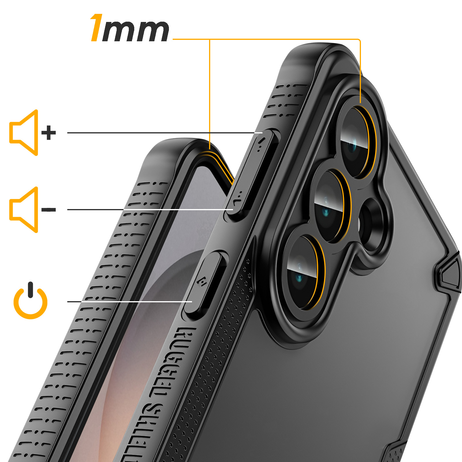 Coque de téléphone noire avec 3 caméras, boutons volume et rebord de 1 mm.