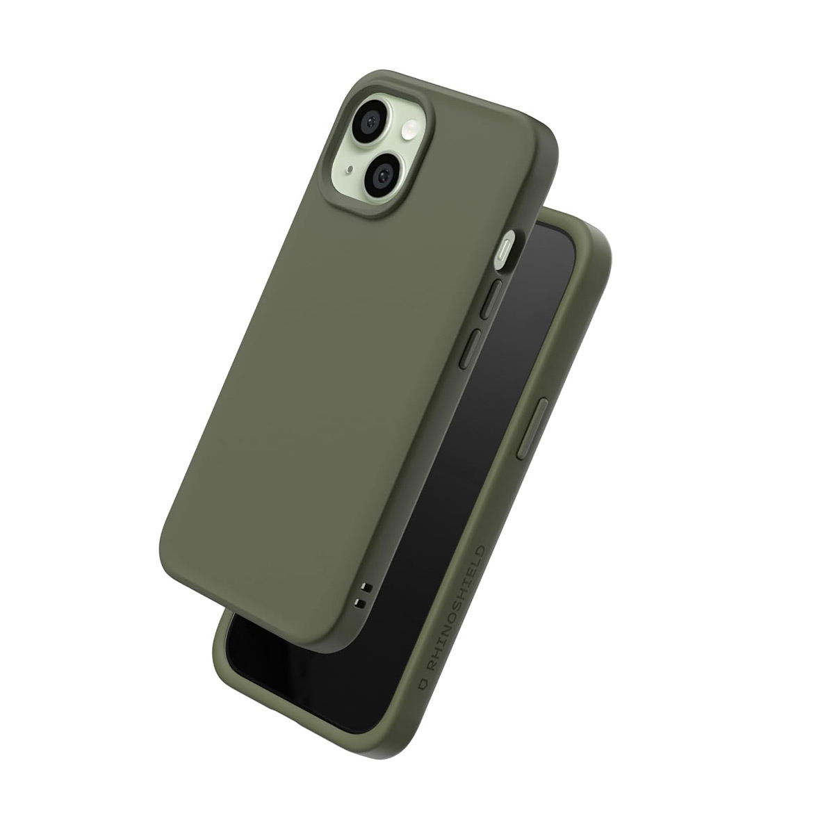 Une coque de téléphone vert olive repose sur une autre coque.