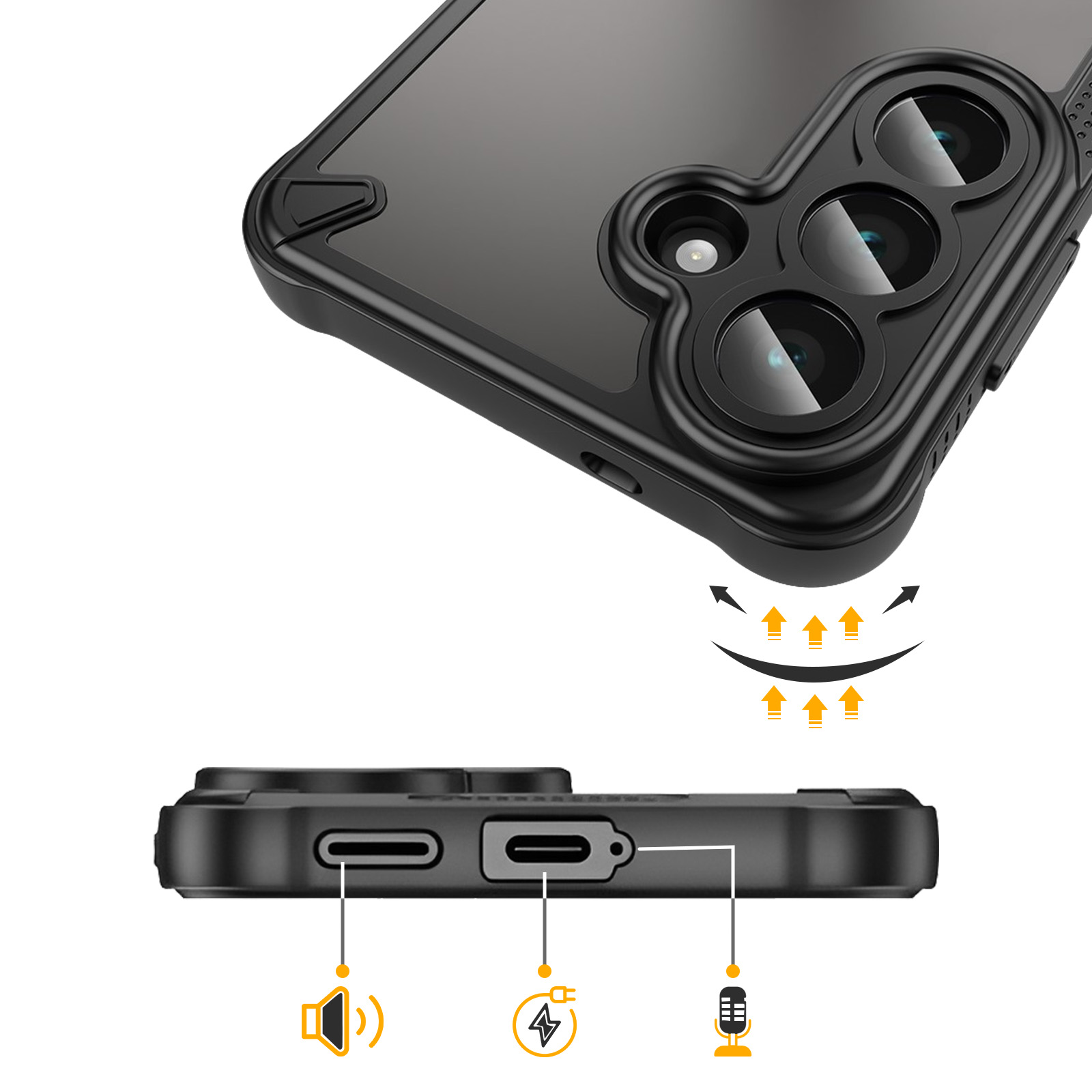 Coque de téléphone noire avec découpe caméra et ports inférieurs.