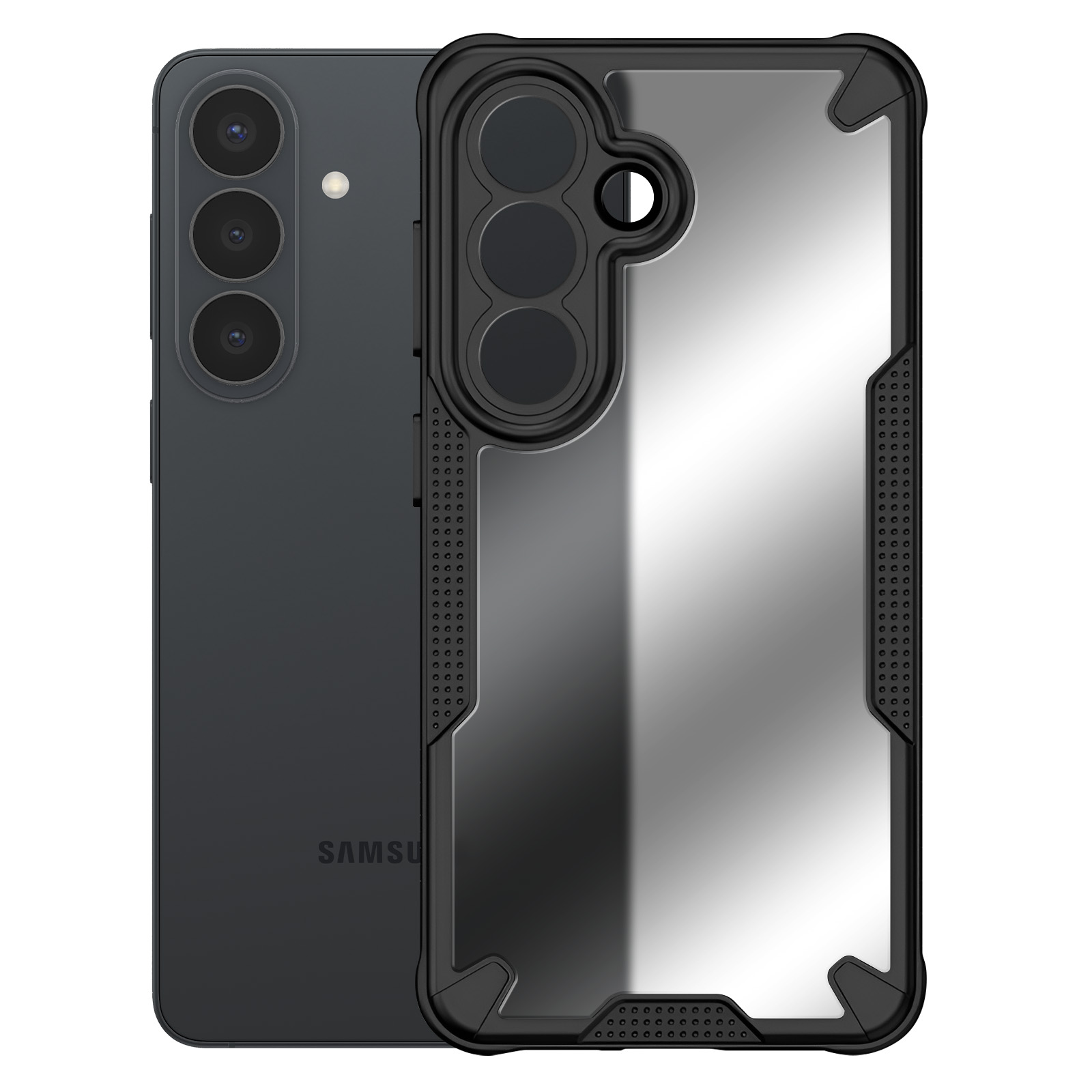 Un smartphone noir à trois caméras, présenté avec une coque de protection transparente.