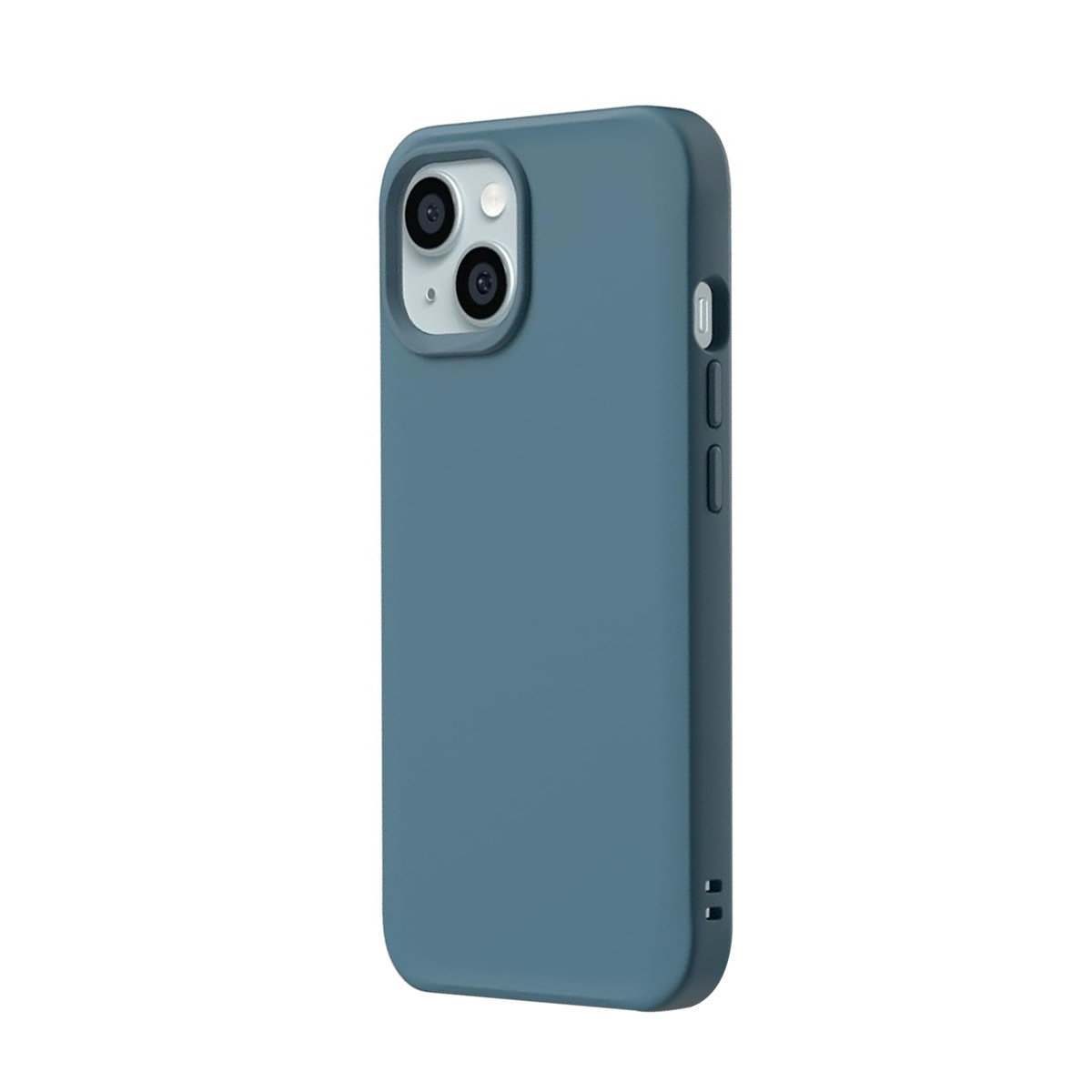 Une coque de téléphone bleue avec découpe caméra sur fond blanc.