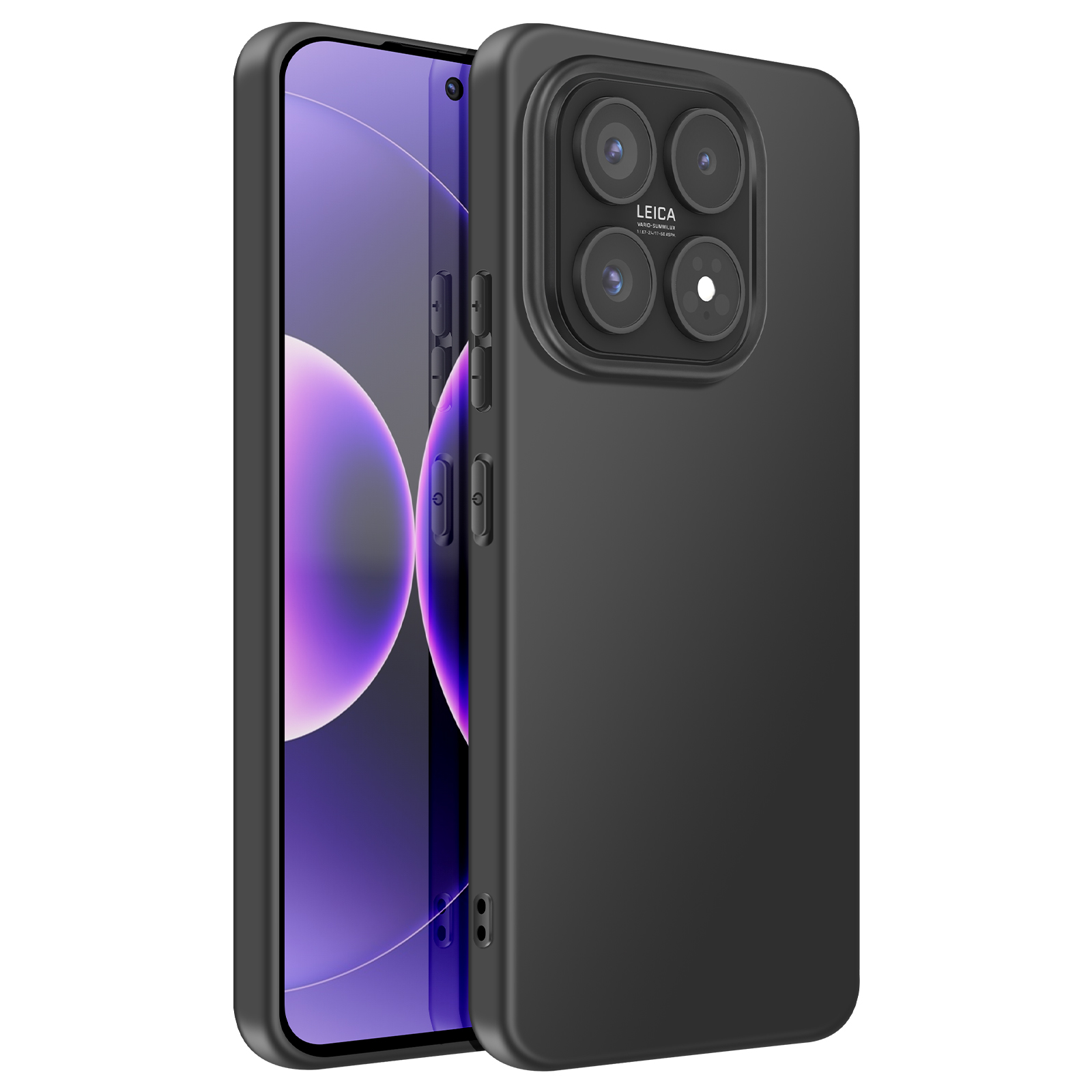 Custodia nera per telefono con quad camera su sfondo bianco.