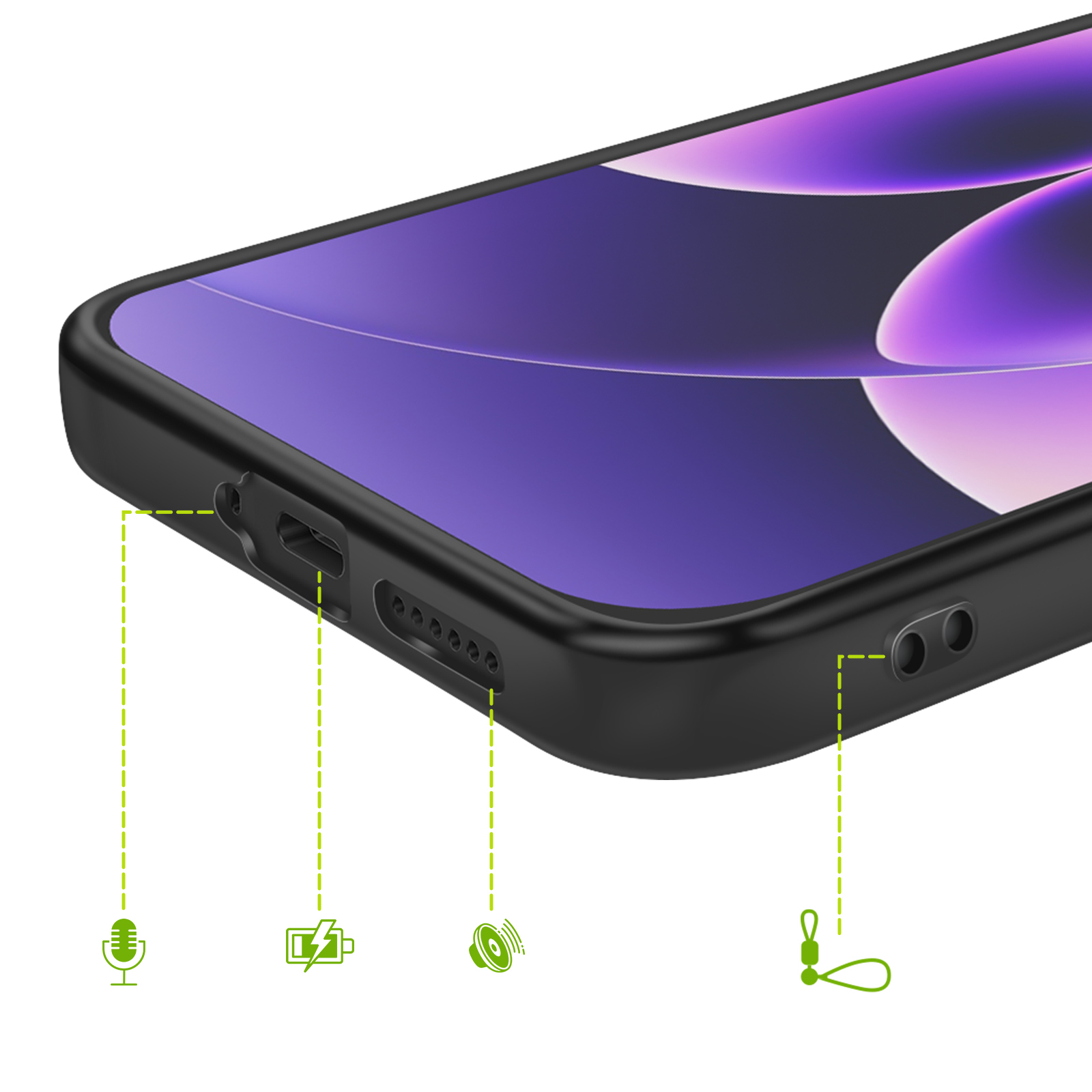 Telefono nero con sfondo viola e icone per microfono, batteria, altoparlante e laccio.
