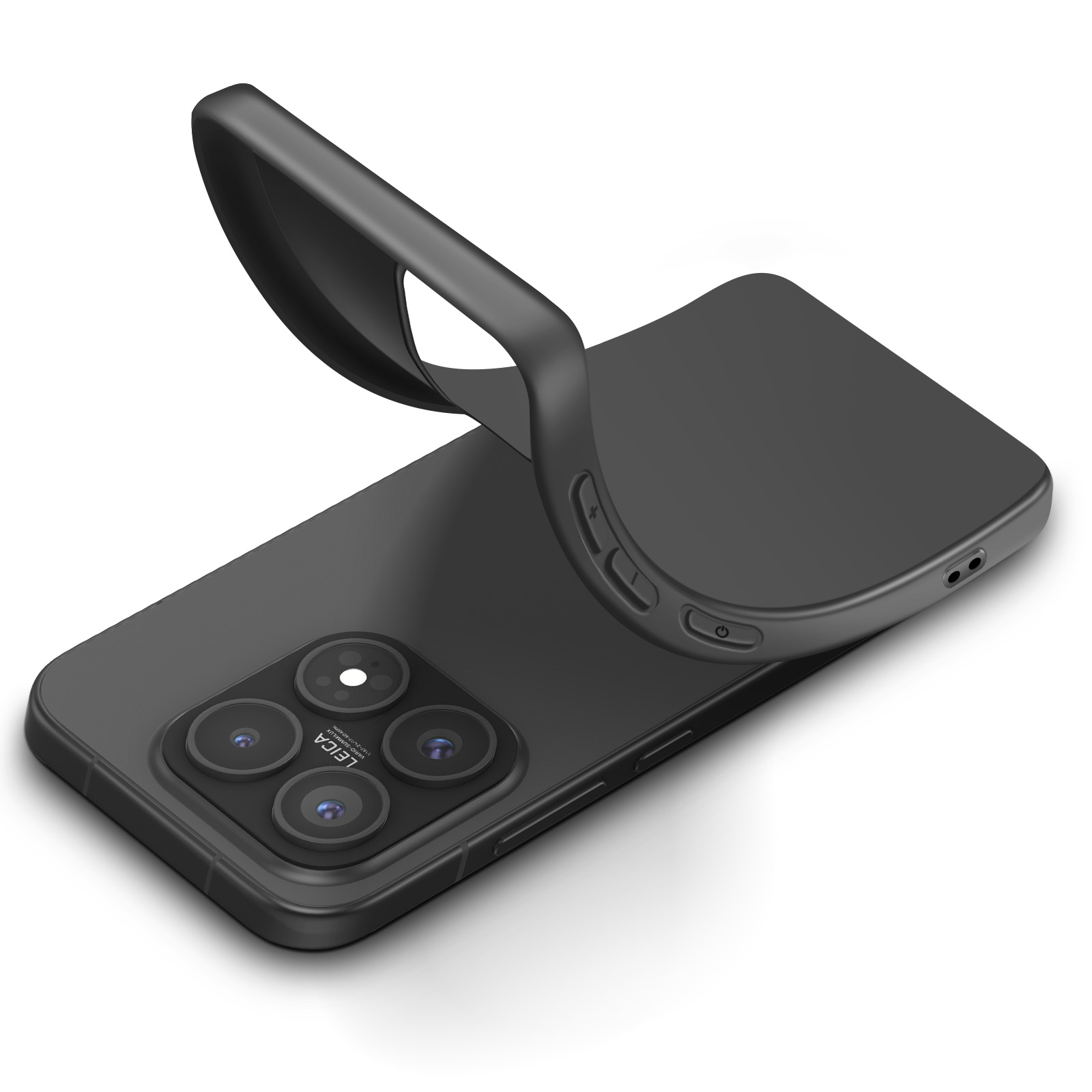Smartphone nero con quad camera, custodia flessibile sollevata