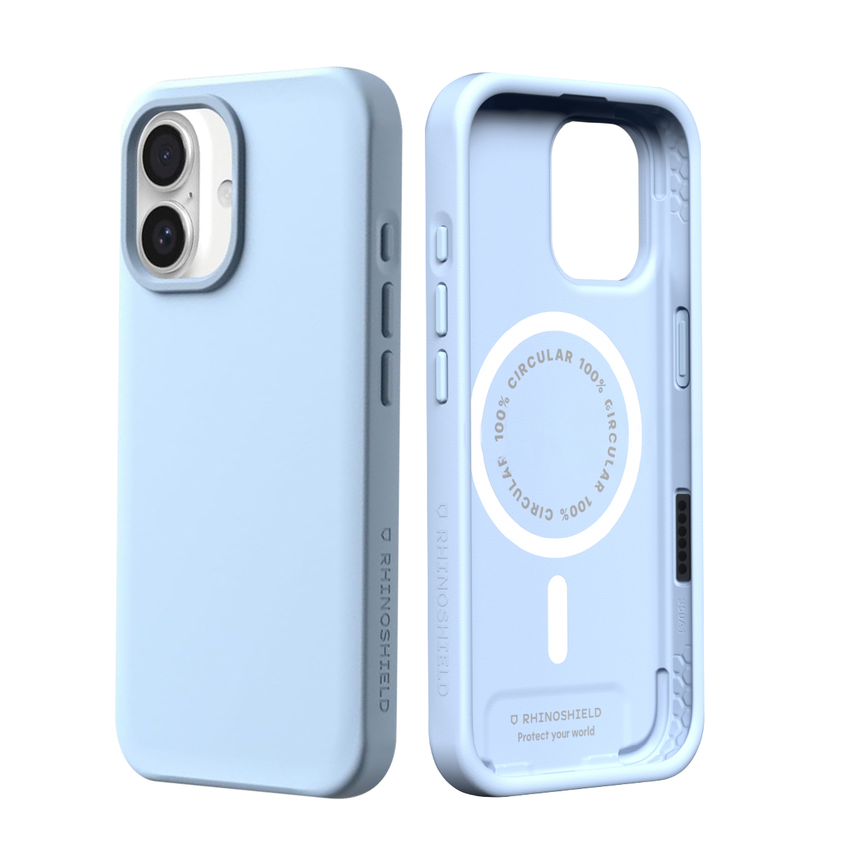Dos fundas de teléfono azul claro una al lado de la otra. Una muestra el interior.