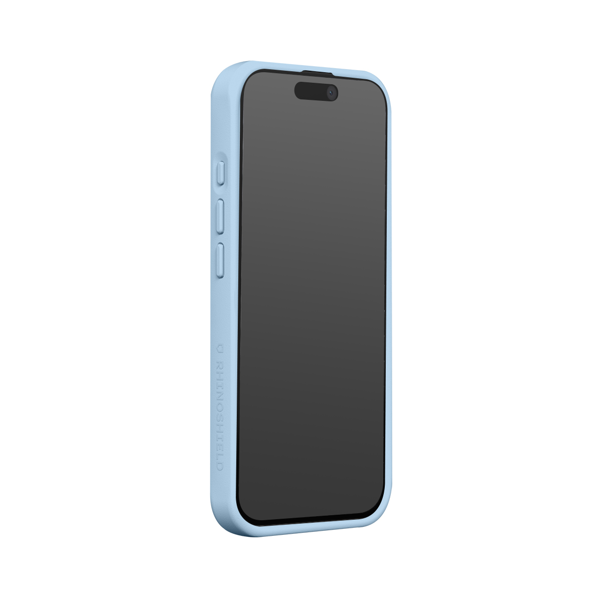Una funda de teléfono azul claro con pantalla negra y botones laterales.