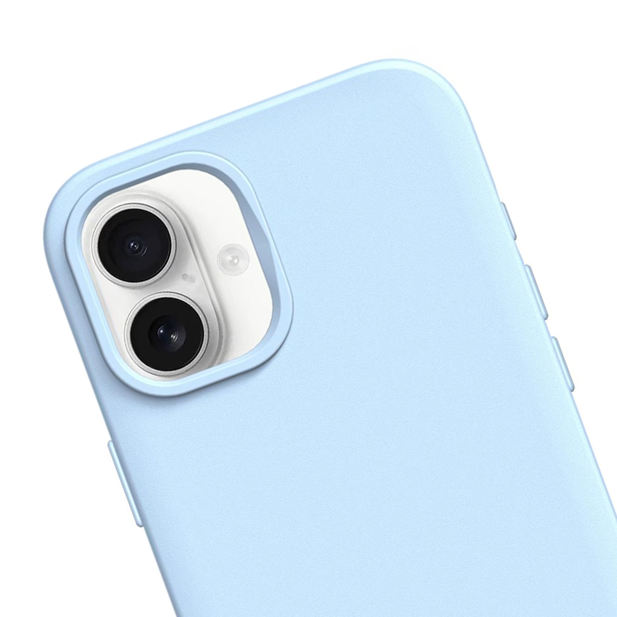 Funda de teléfono azul claro con dos lentes de cámara y flash.