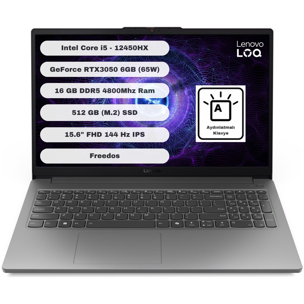 LENOVO LOQ 15IAX9E RTX3050 FHD 83LK008KTR Intel® Core i5-12450HX 16 GB RAM 512 GB SSD 15,6 inç İşletim Sistemi Bulunmuyor Laptop Gri