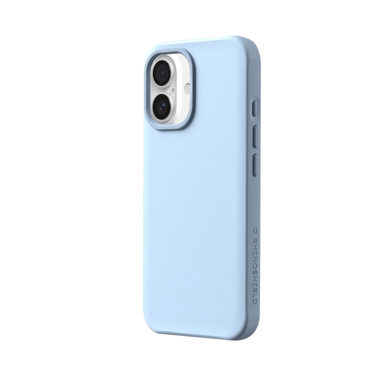 Coque de téléphone bleu clair avec découpe caméra et boutons latéraux.