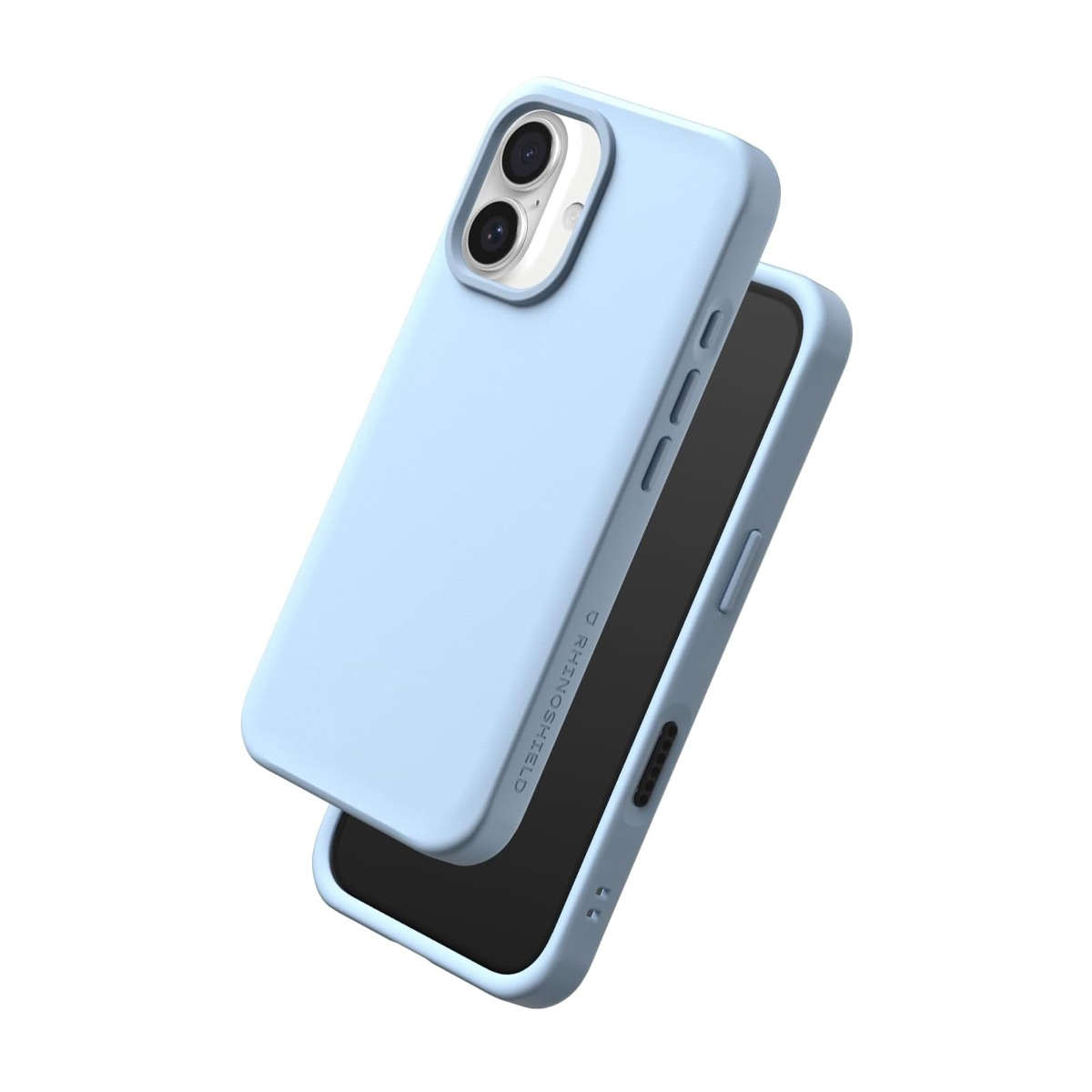 Une coque de téléphone bleu clair sur un téléphone noir sur fond blanc.