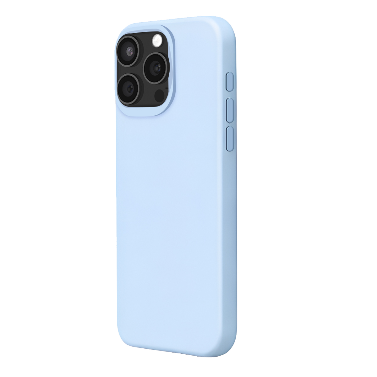 Coque de téléphone bleu clair avec découpe caméra et boutons.