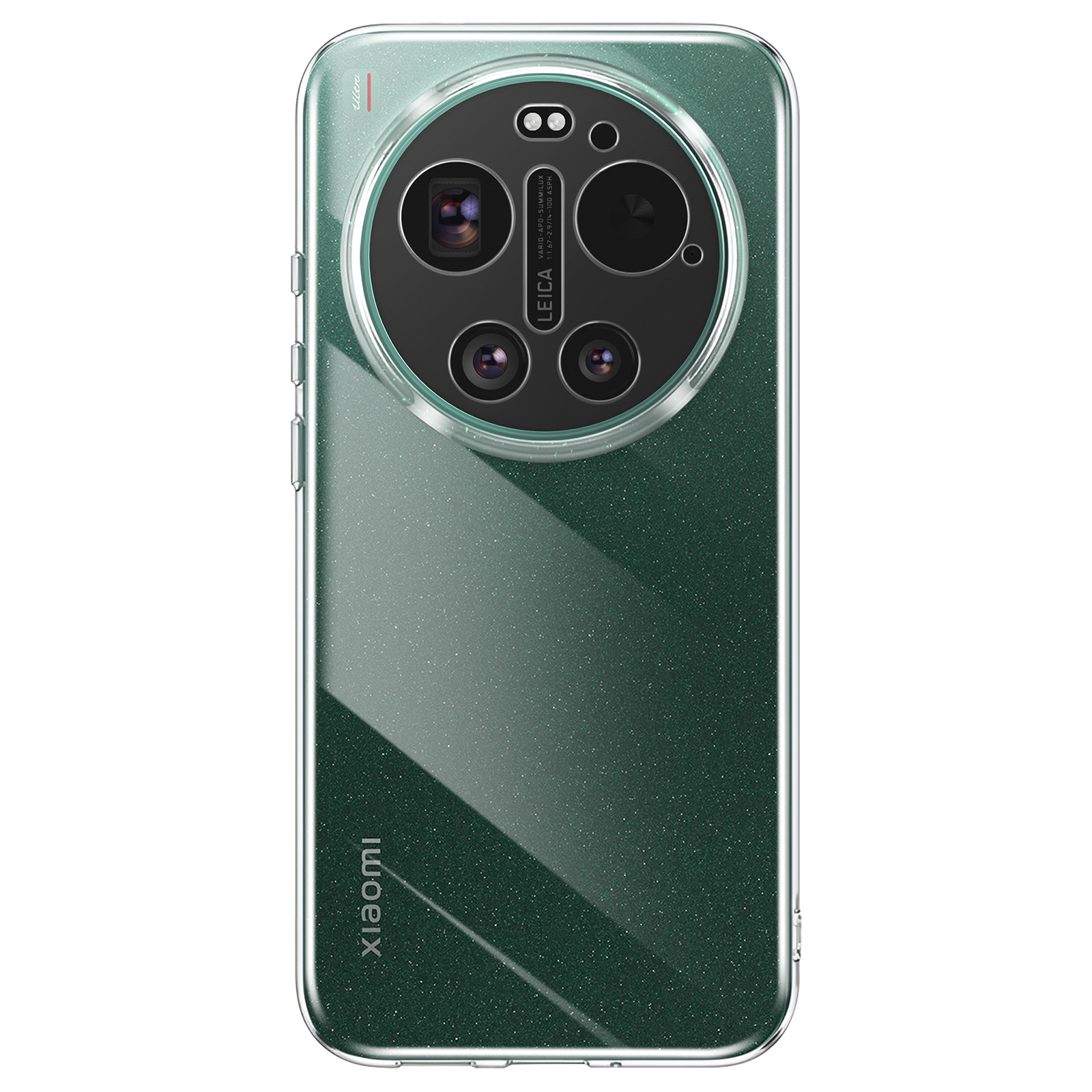 Grünes Smartphone mit Glitzer und kreisförmiger Leica-Kameraeinheit.