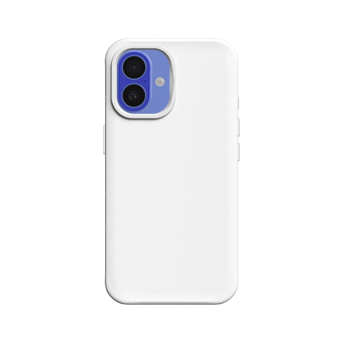 Une coque blanche pour iPhone avec double appareil photo et accent bleu.