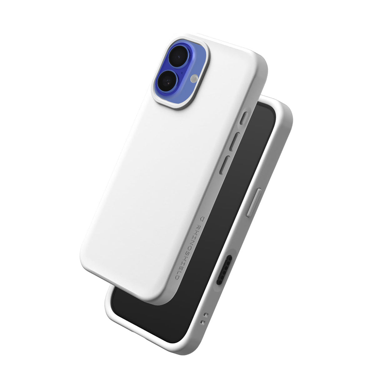 Un téléphone blanc avec un contour de caméra bleu repose sur un téléphone noir.
