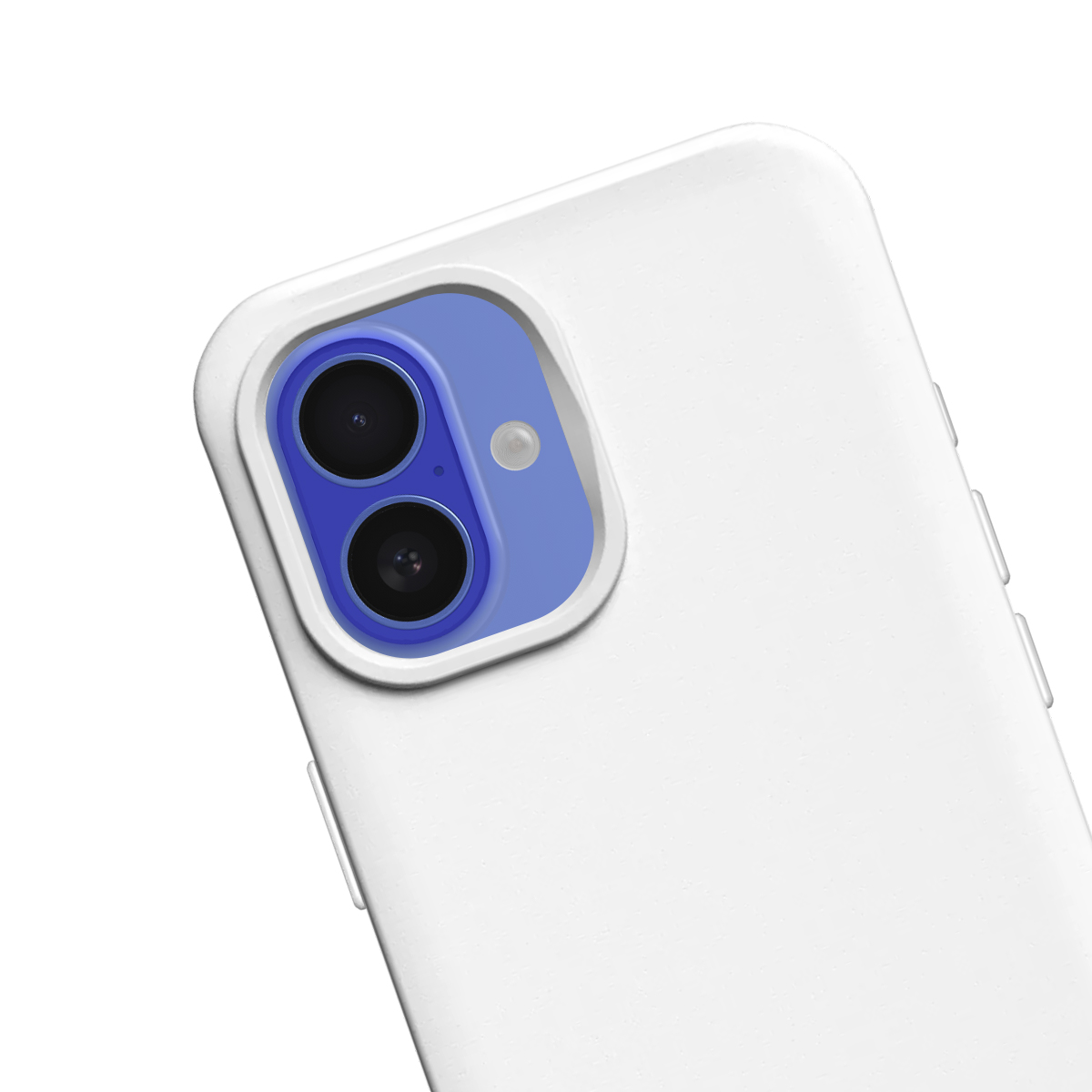 Gros plan du système double caméra d'un smartphone blanc avec des accents bleus sur fond blanc.