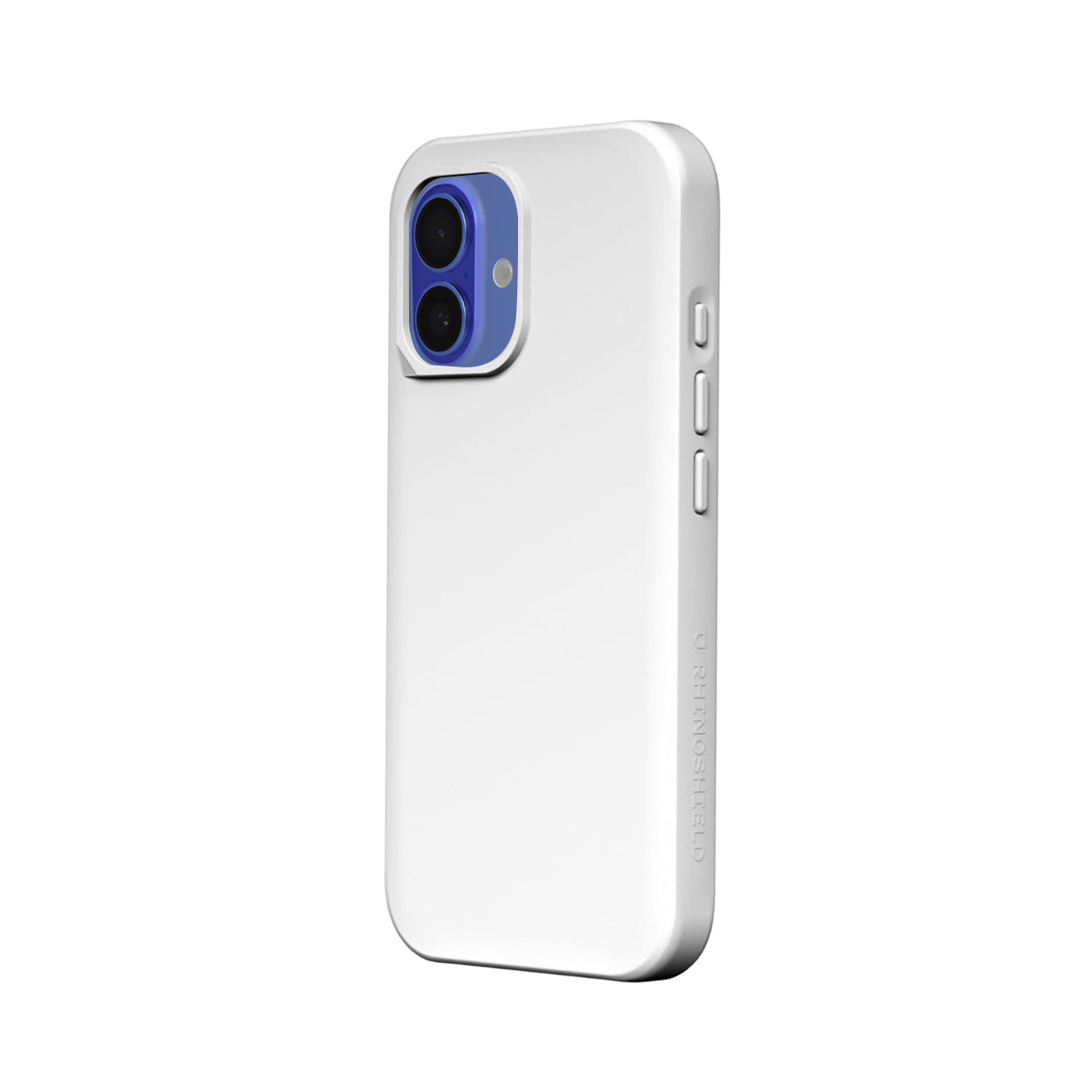 Coque de téléphone blanche avec contour de caméra et boutons bleus.