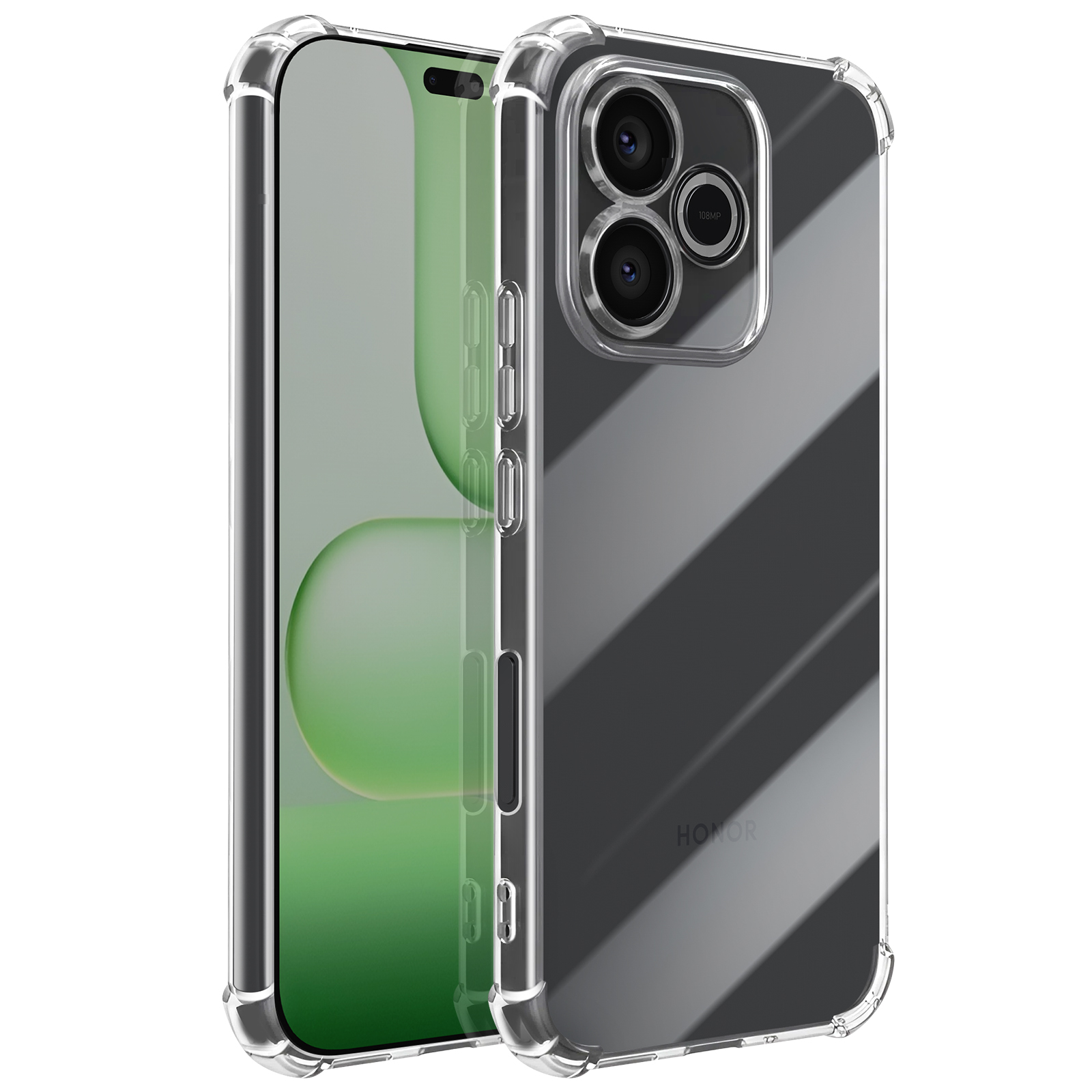 Transparente Schutzhülle für ein Smartphone mit drei Kameras.