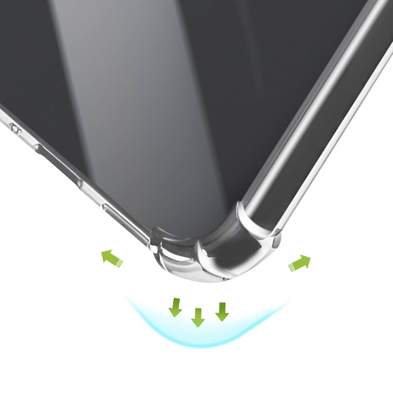 Transparente Handyhülle mit Stoßschutz. Grüne Pfeile zeigen Stoßdämpfung.