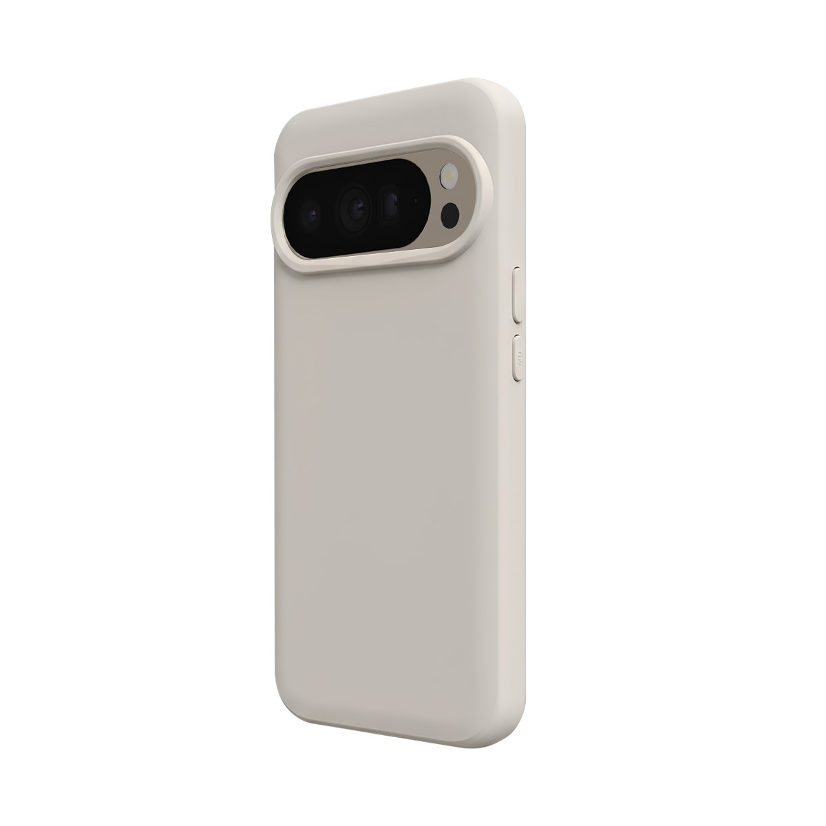 Une coque de téléphone de couleur claire avec découpe caméra et deux boutons latéraux.