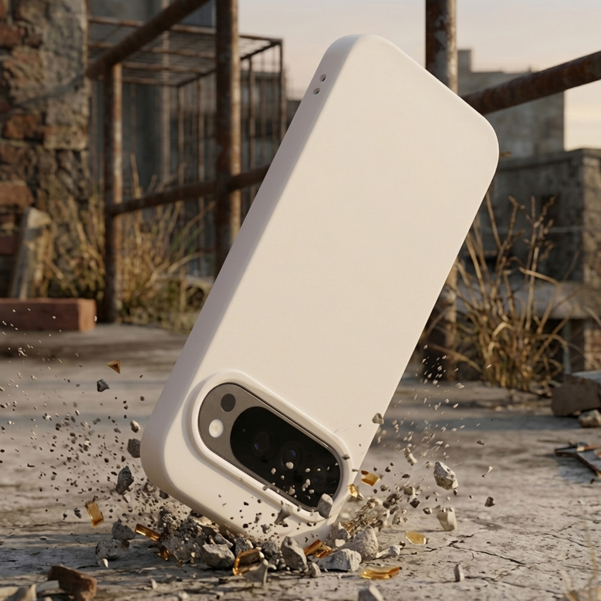 Un smartphone blanc tombe et se brise sur un sol en béton avec des débris.