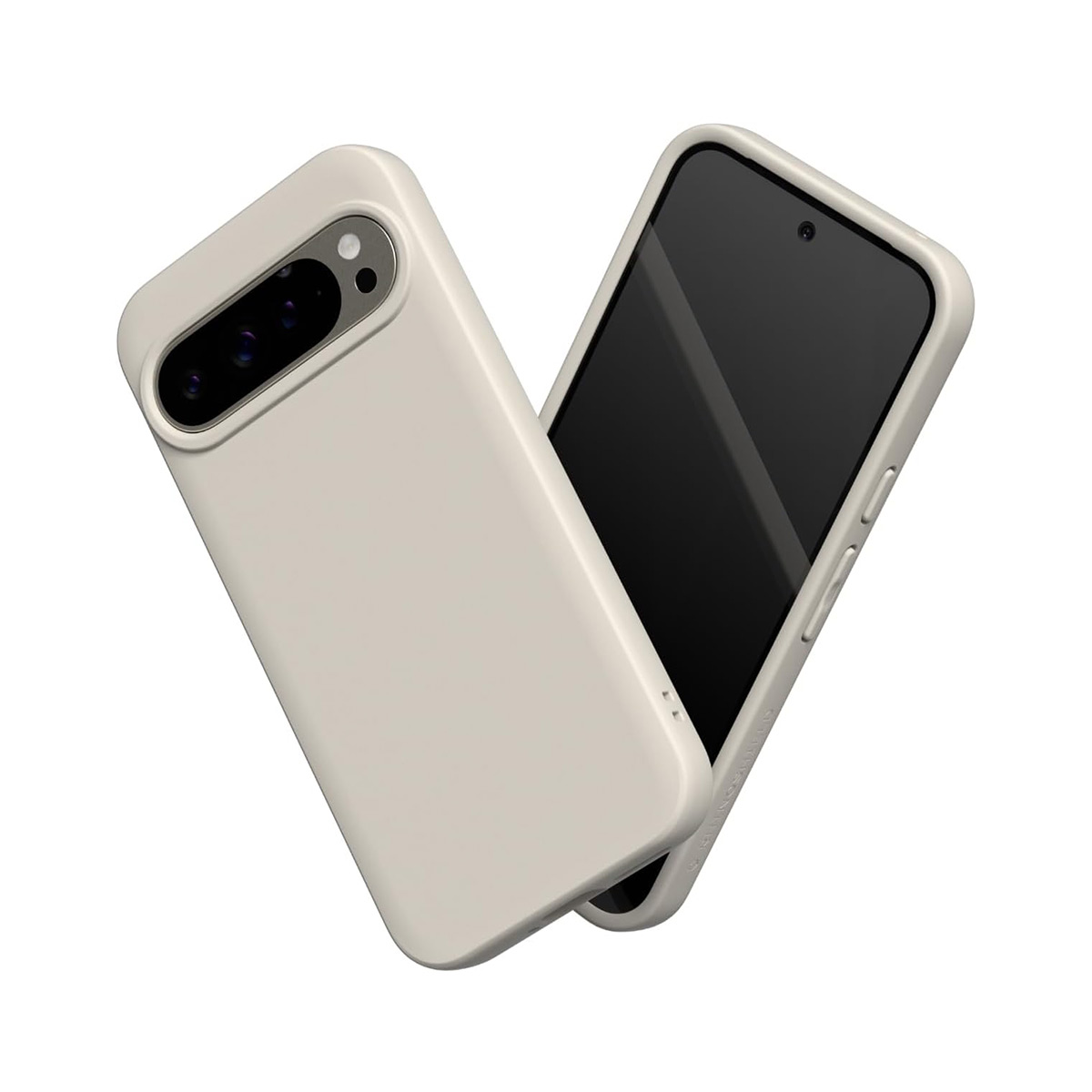Un téléphone beige clair avec objectif de caméra et étui de protection.