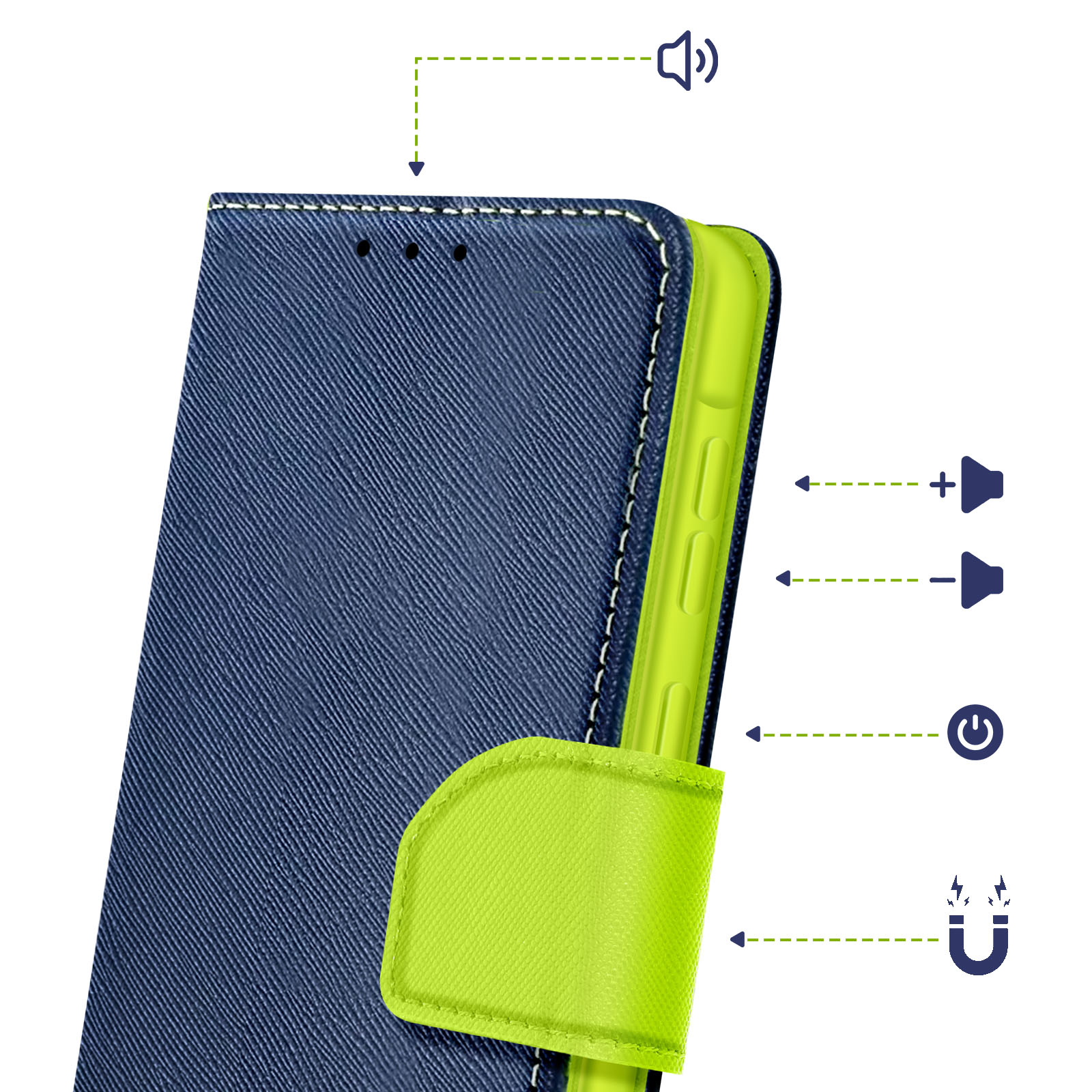 Blaue Handyhülle mit grüner Lasche, Lautstärke- und Power-Symbolen.