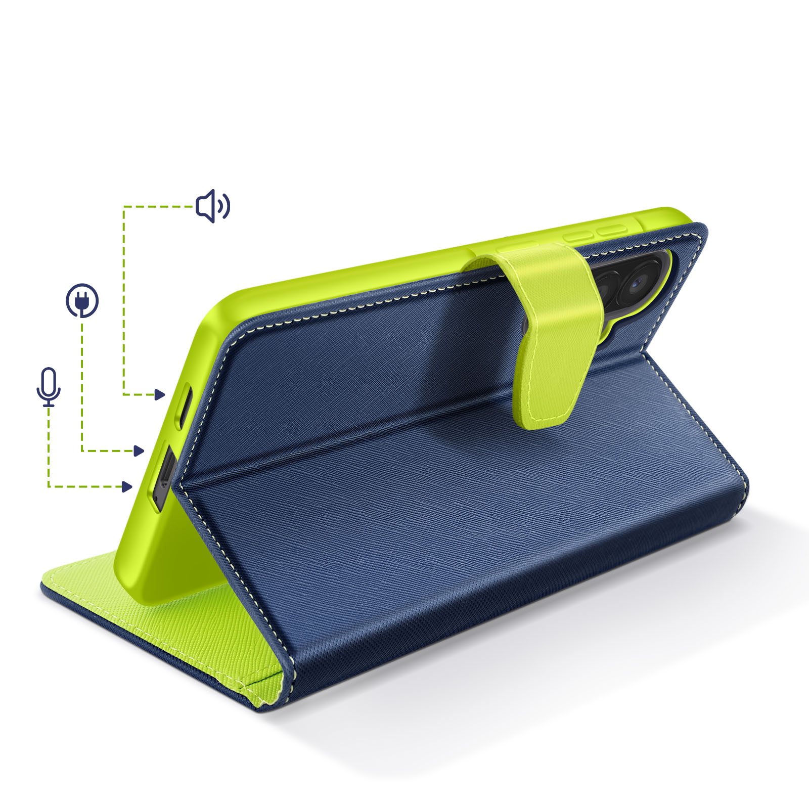 Ein blaues Flipcase mit neongrünen Akzenten, offen und zeigt Smartphone-Kamera.