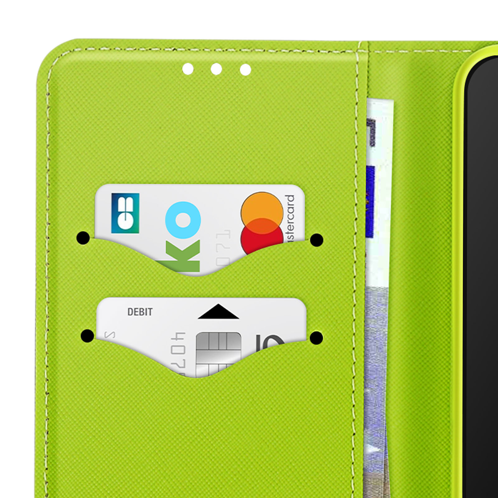 Grüne Brieftasche mit Kartenfächern, einer Mastercard und Banknoten.