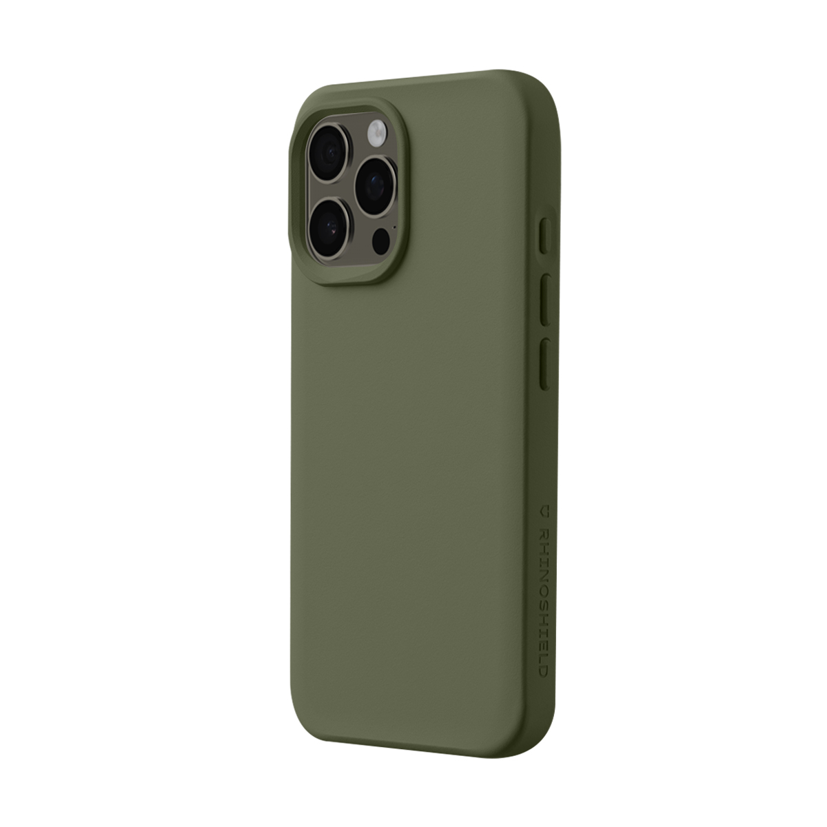 Une coque de téléphone vert foncé avec trois objectifs de caméra au dos.