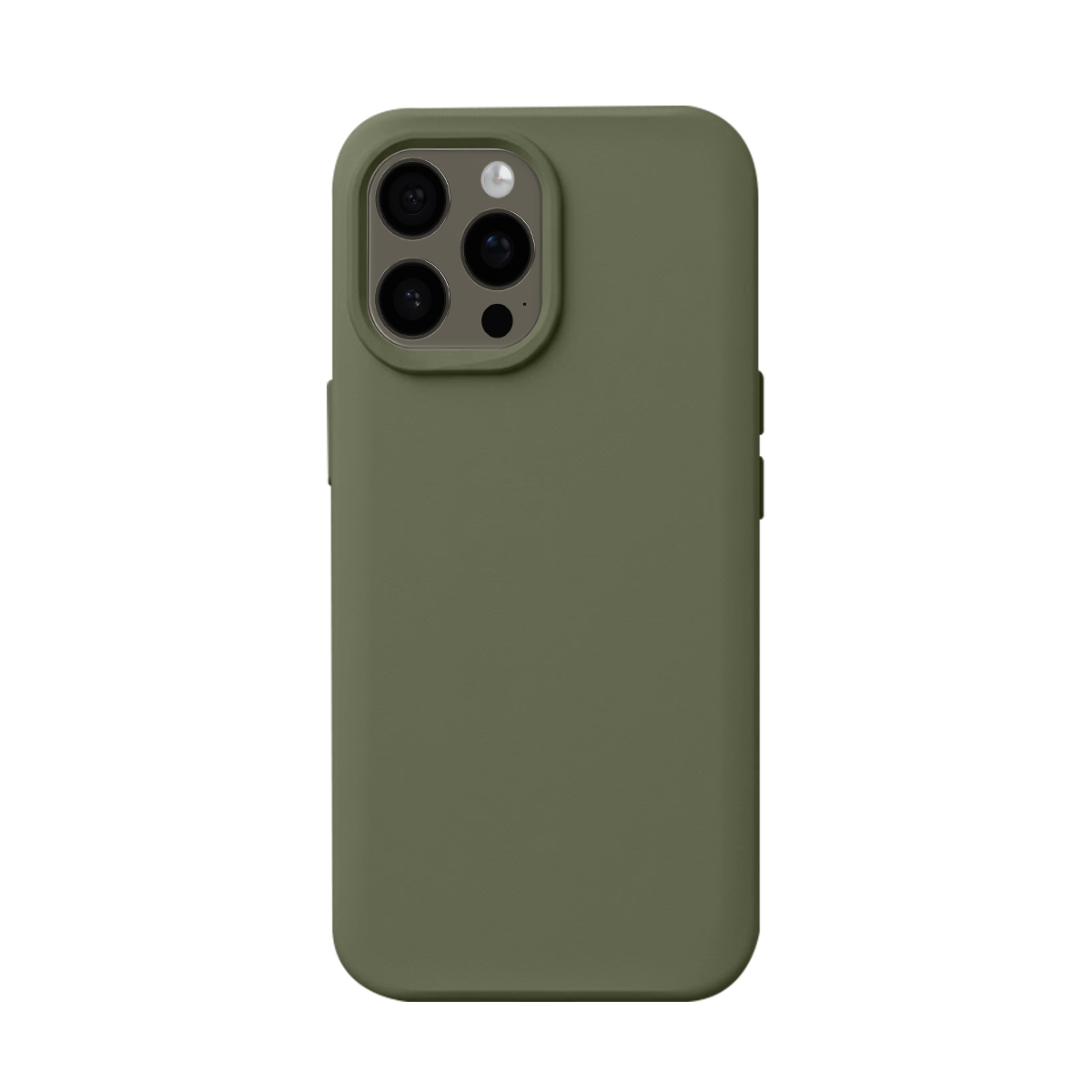 Coque de téléphone vert olive avec ouverture triple caméra sur fond blanc.